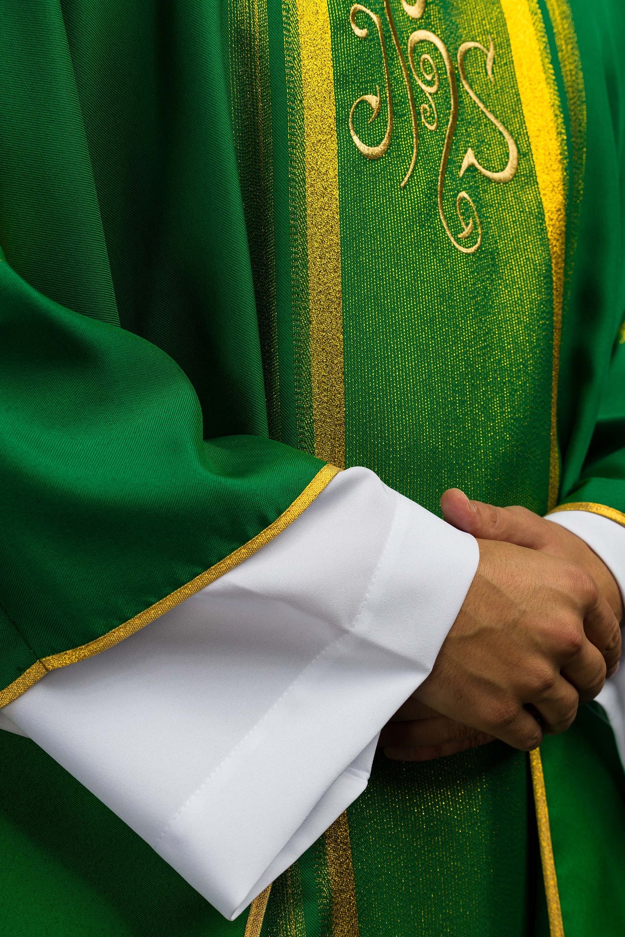 Green embroidered chasuble with IHS design with gilding
