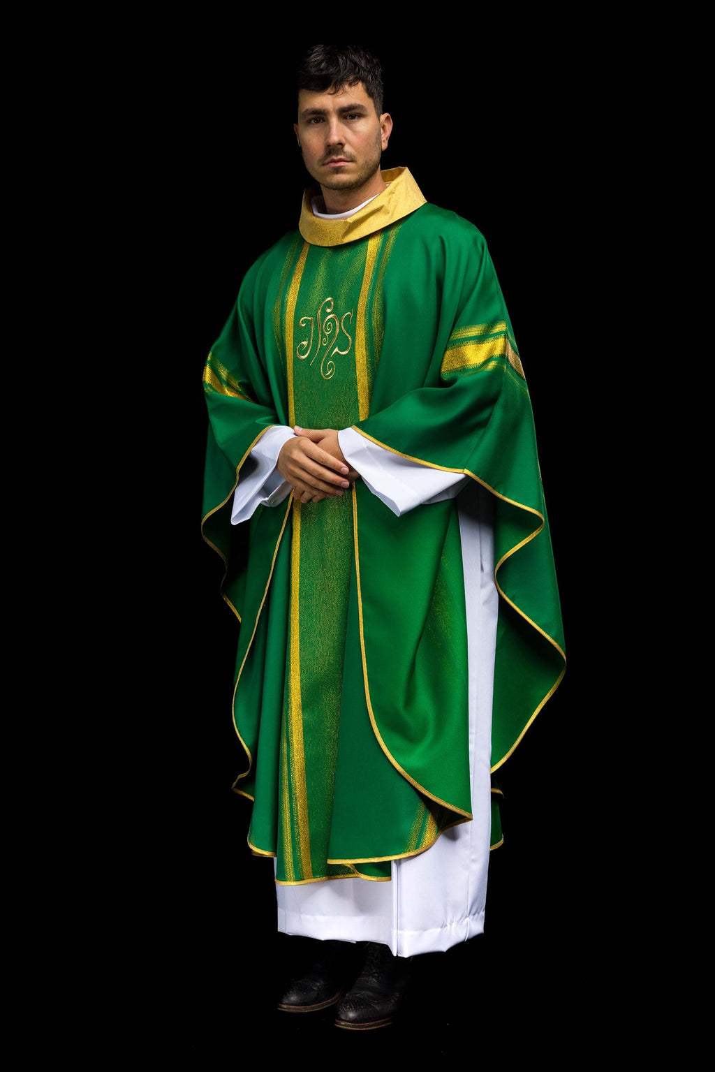 Green embroidered chasuble with IHS design with gilding