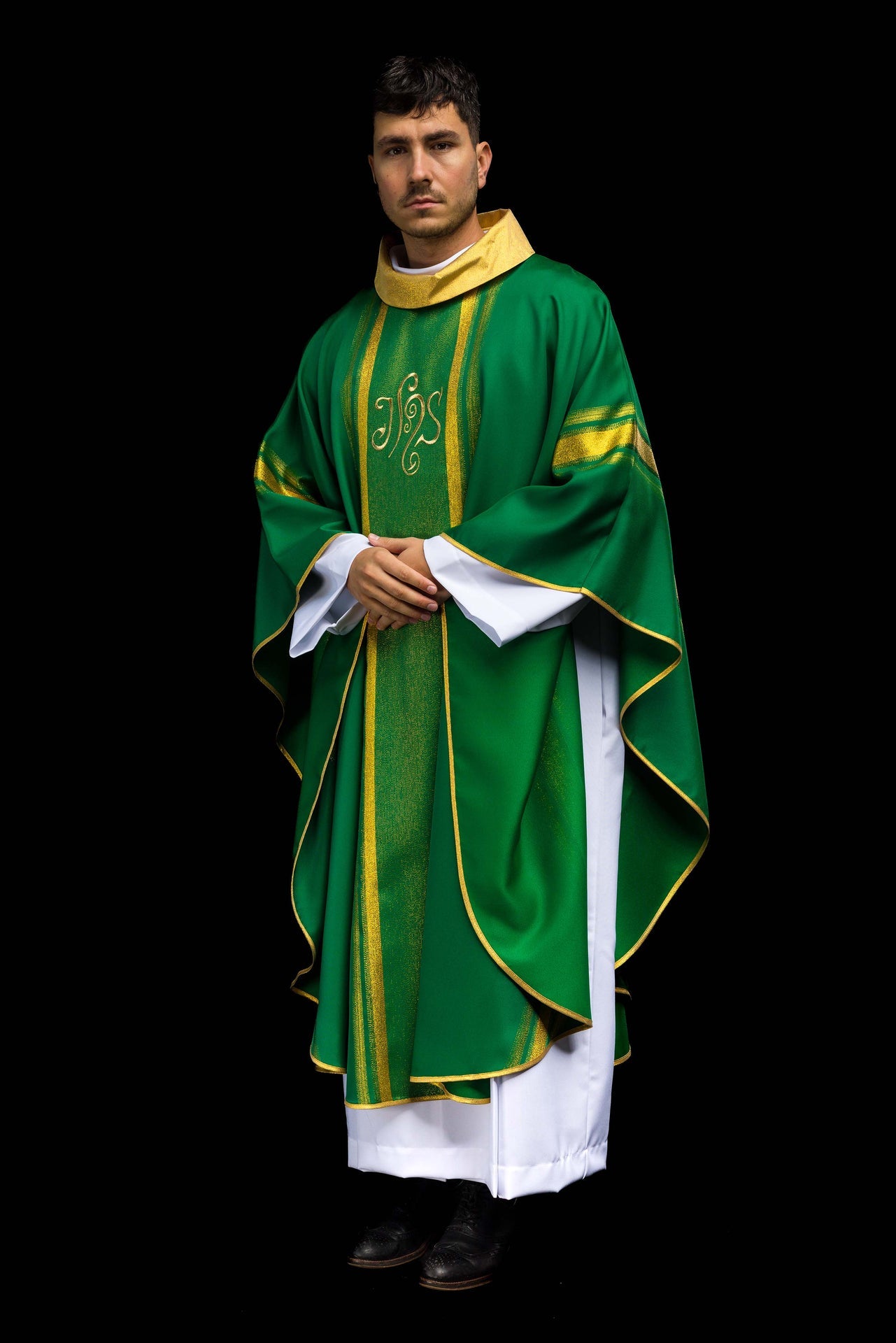 Green embroidered chasuble with IHS design with gilding