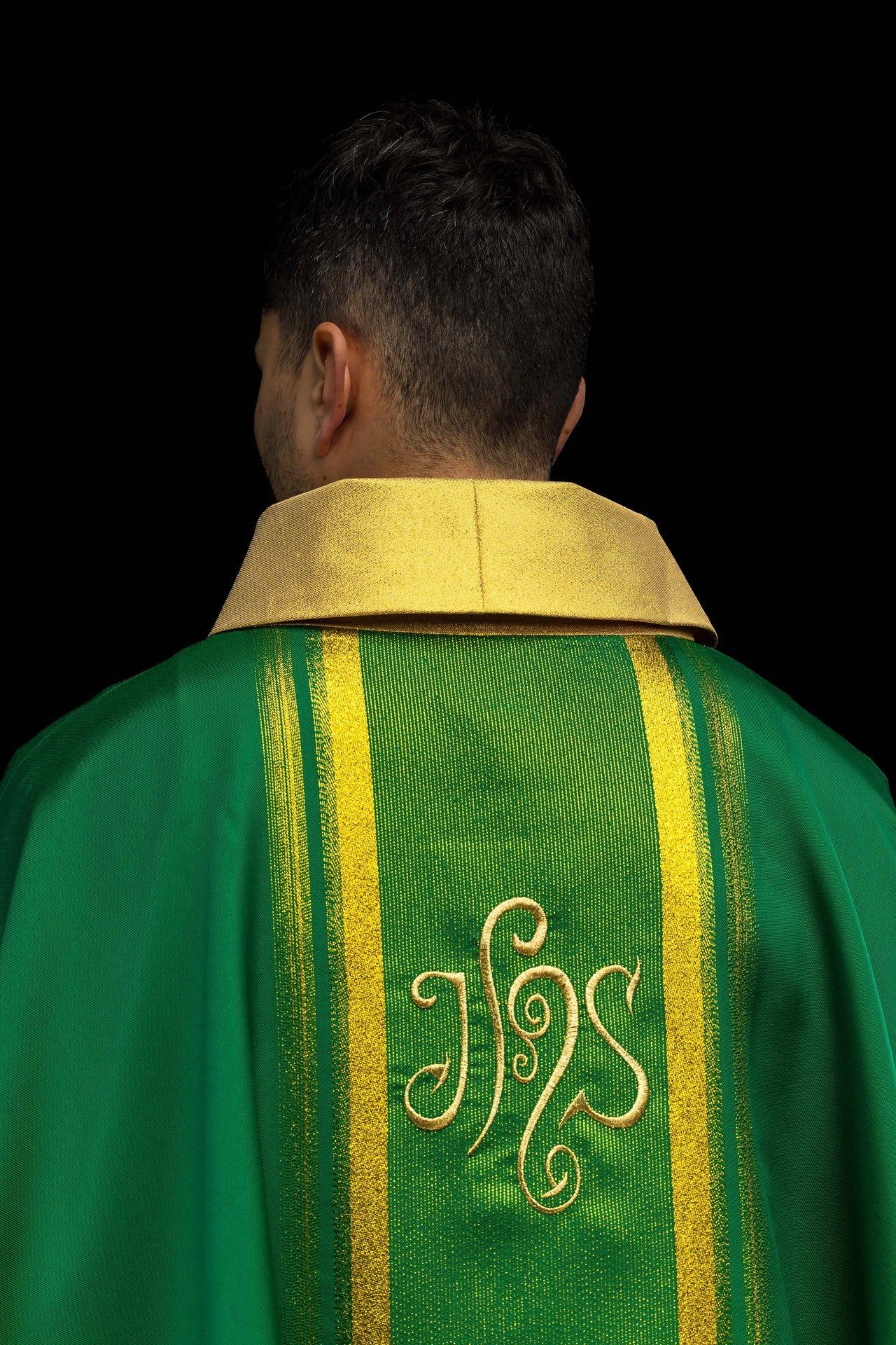 Green embroidered chasuble with IHS design with gilding