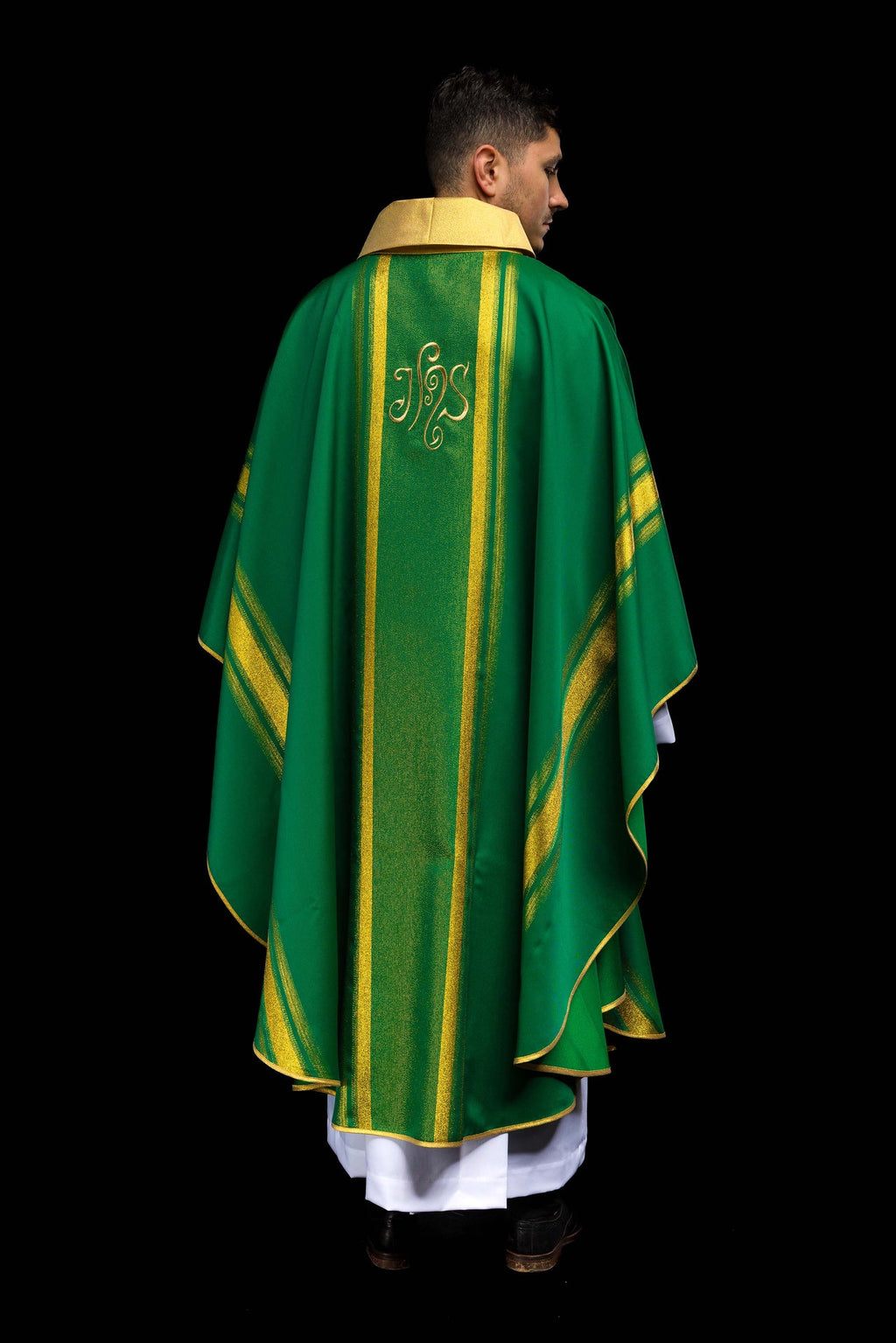 Green embroidered chasuble with IHS design with gilding