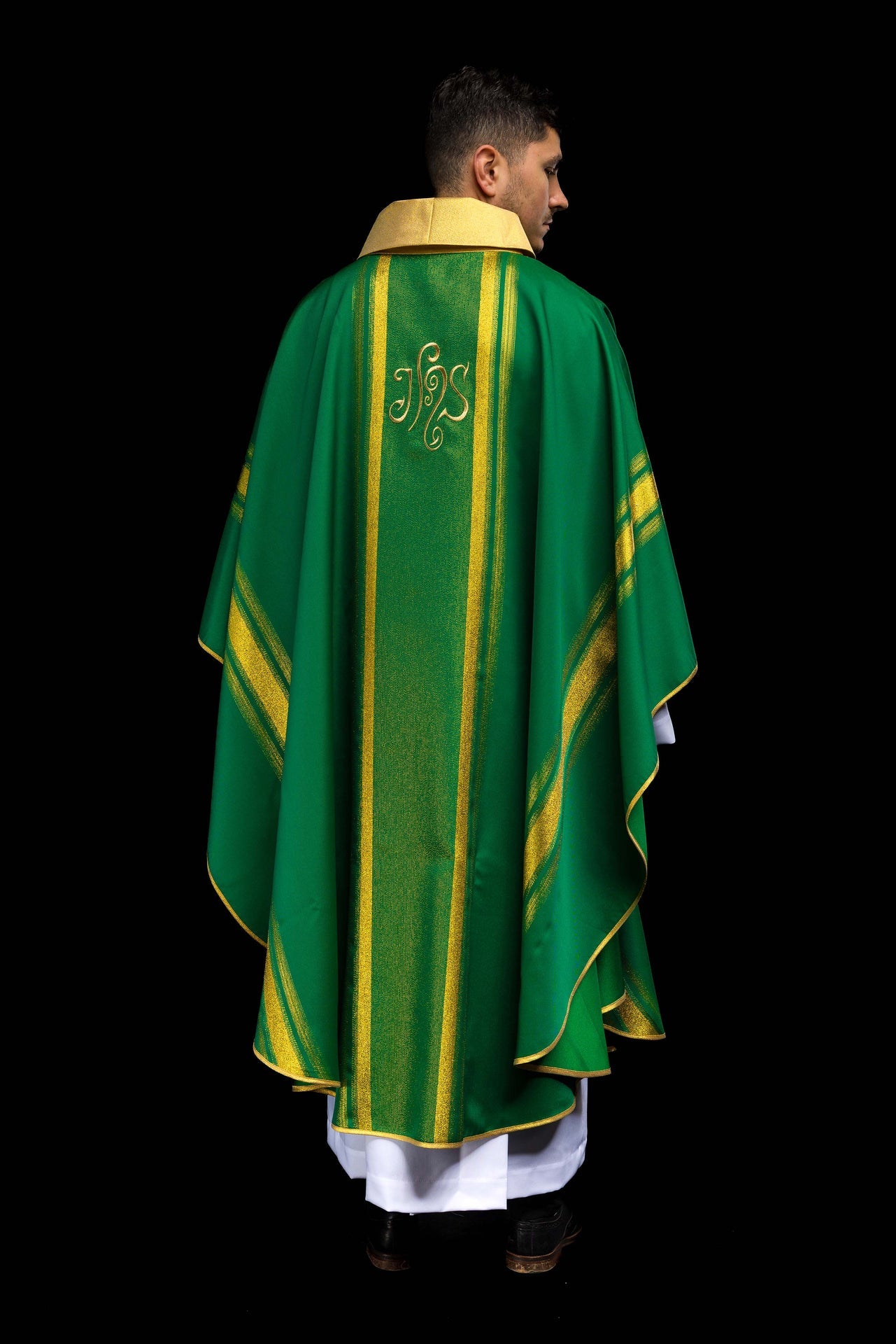 Green embroidered chasuble with IHS design with gilding