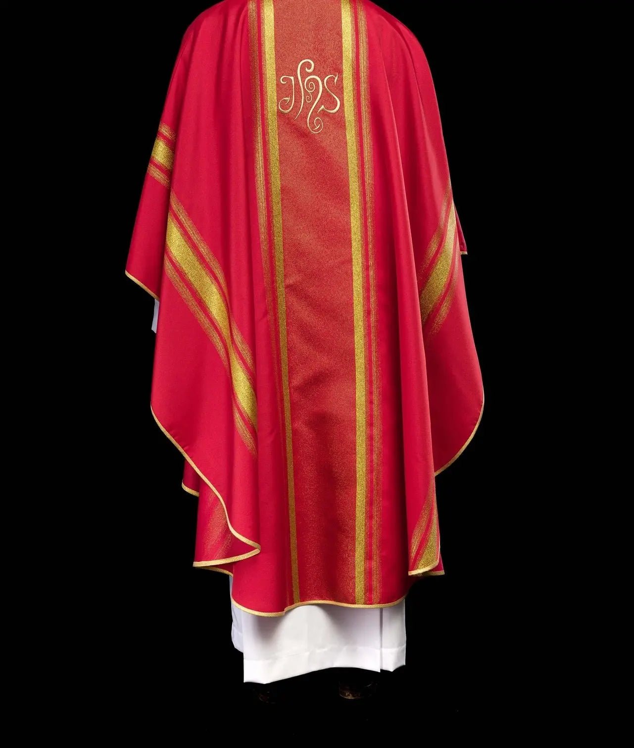 Red embroidered chasuble with IHS design with gilding
