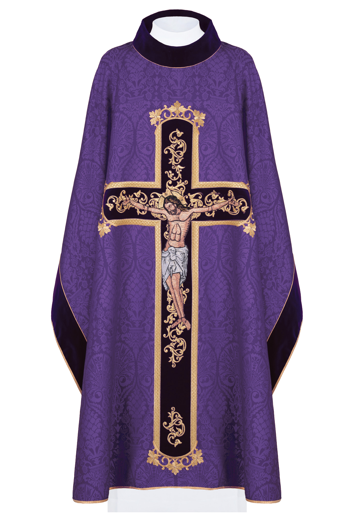 Purple chasuble embroidered with pattern of Jesus Christ