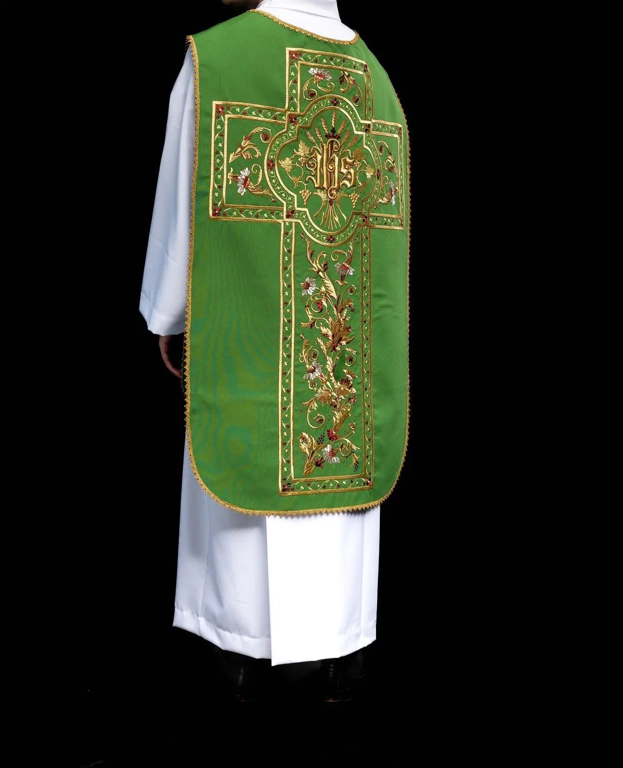 Green Roman chasuble embroidered with IHS motif