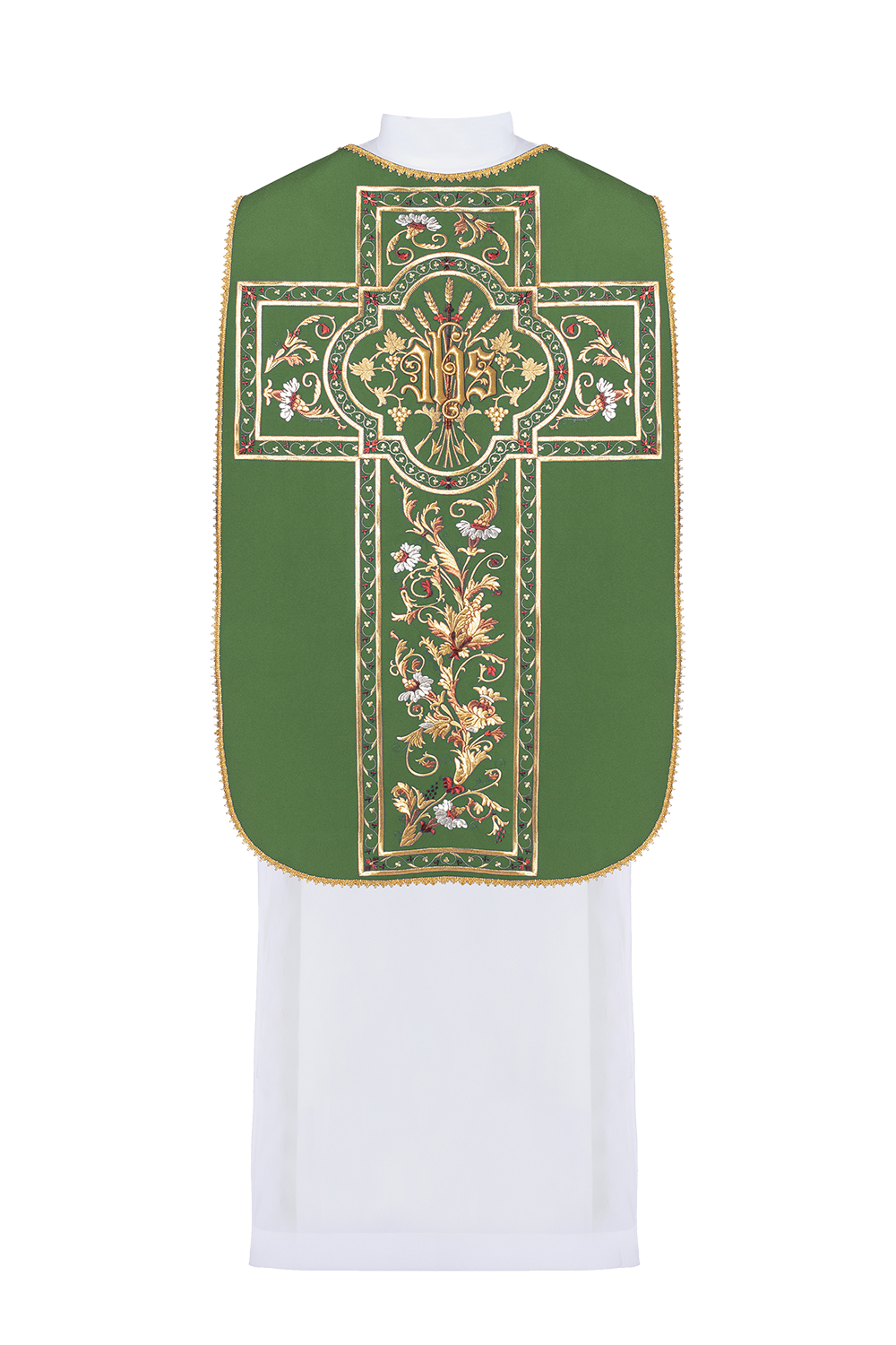 Green Roman chasuble embroidered with IHS motif