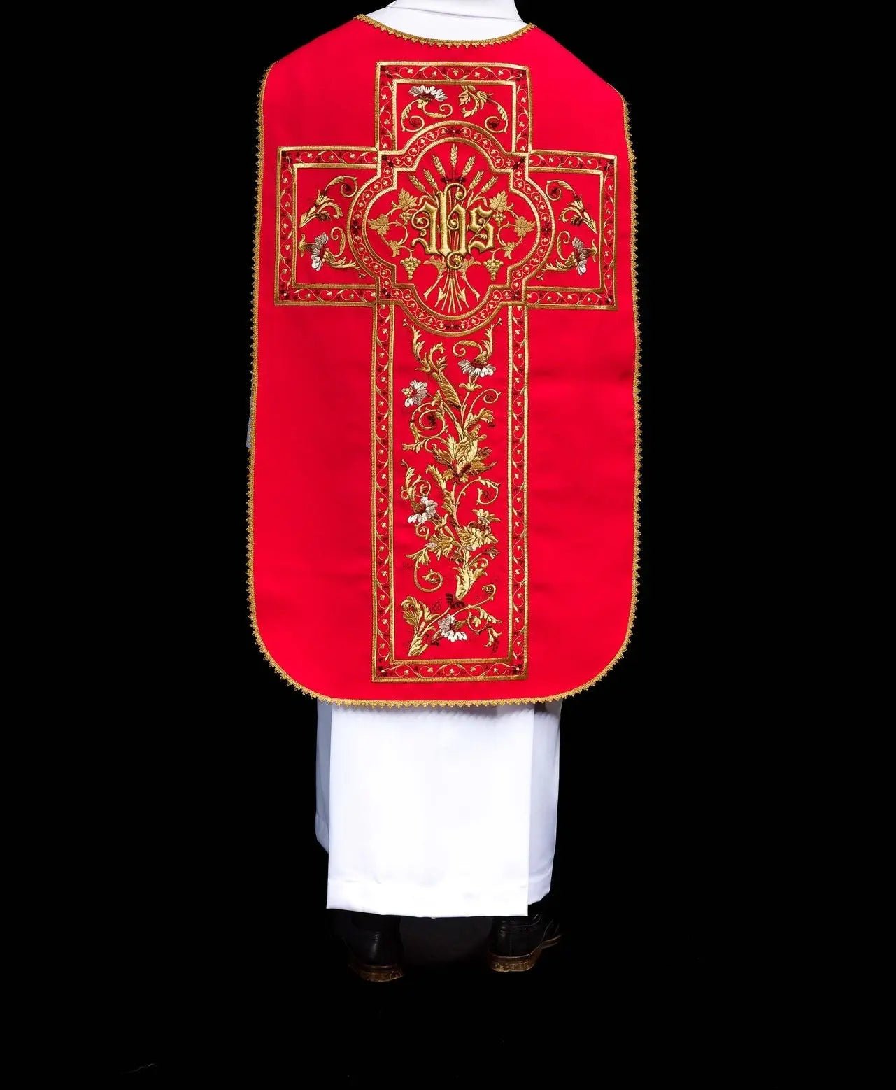 Red Roman chasuble embroidered with IHS motif