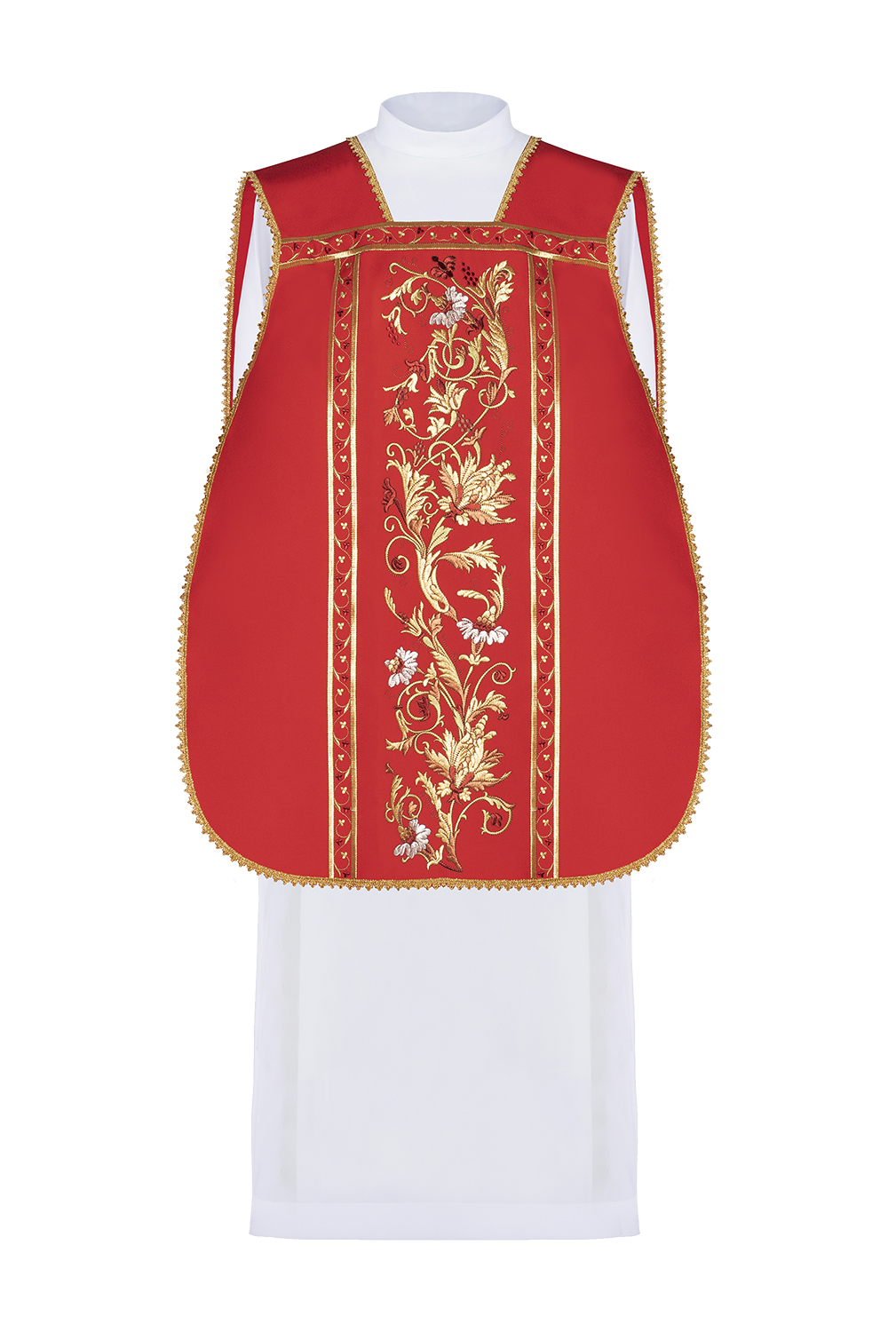 Red Roman chasuble embroidered with IHS motif