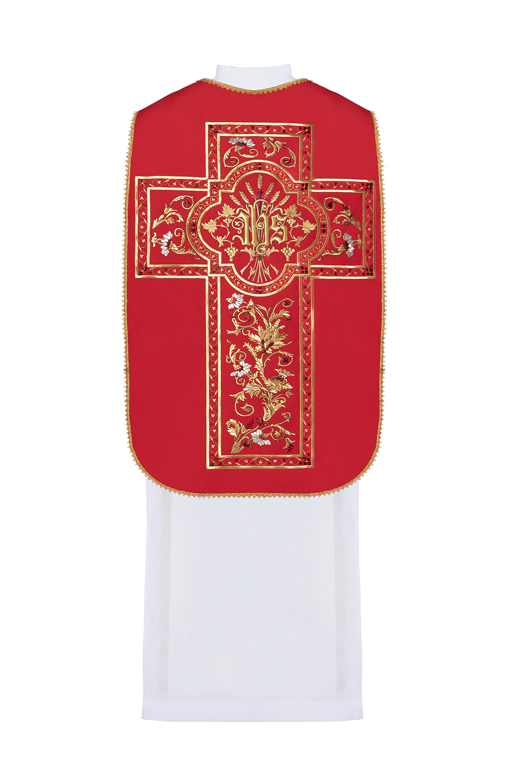 Red Roman chasuble embroidered with IHS motif