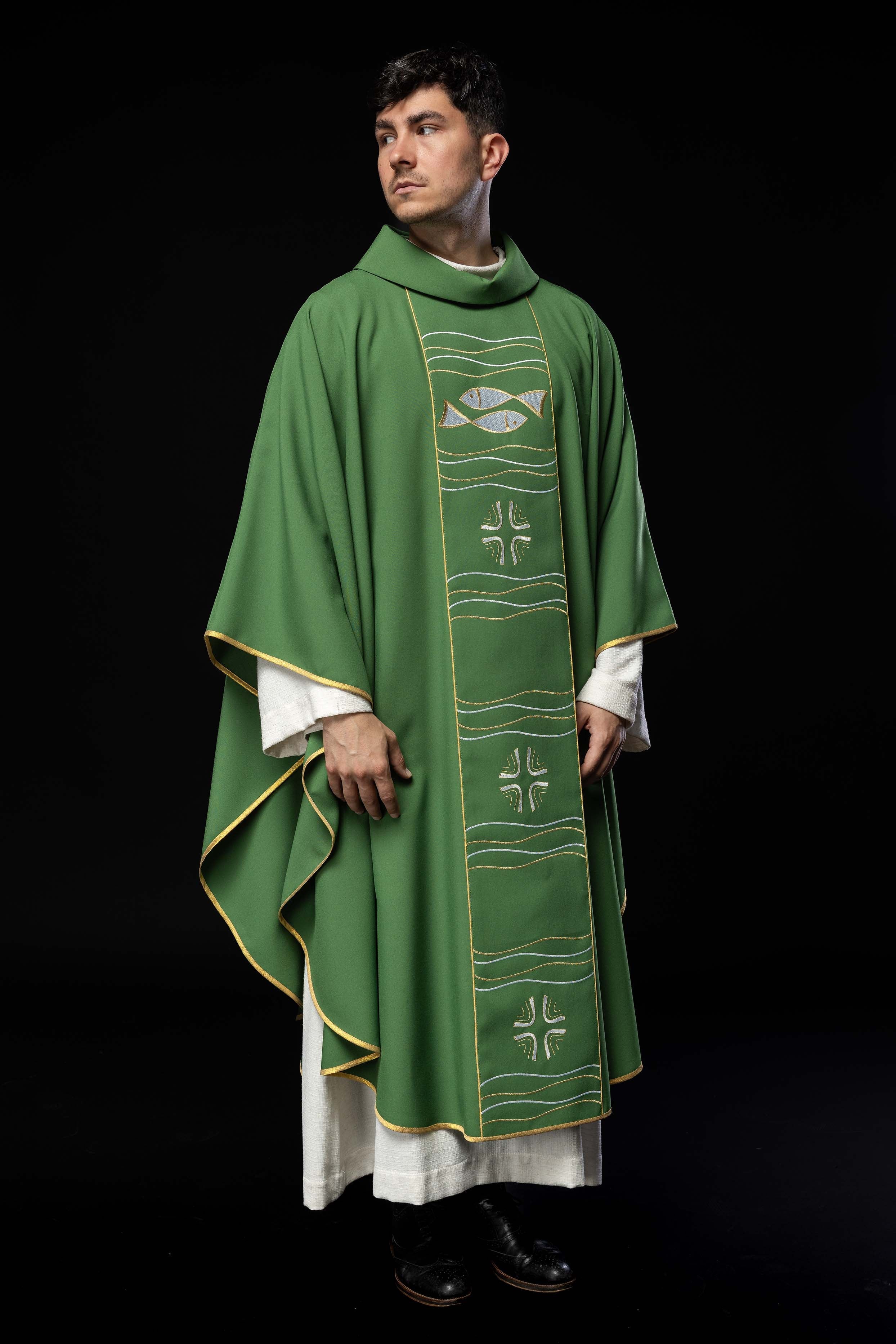 Green chasuble with cross and fish embroidery