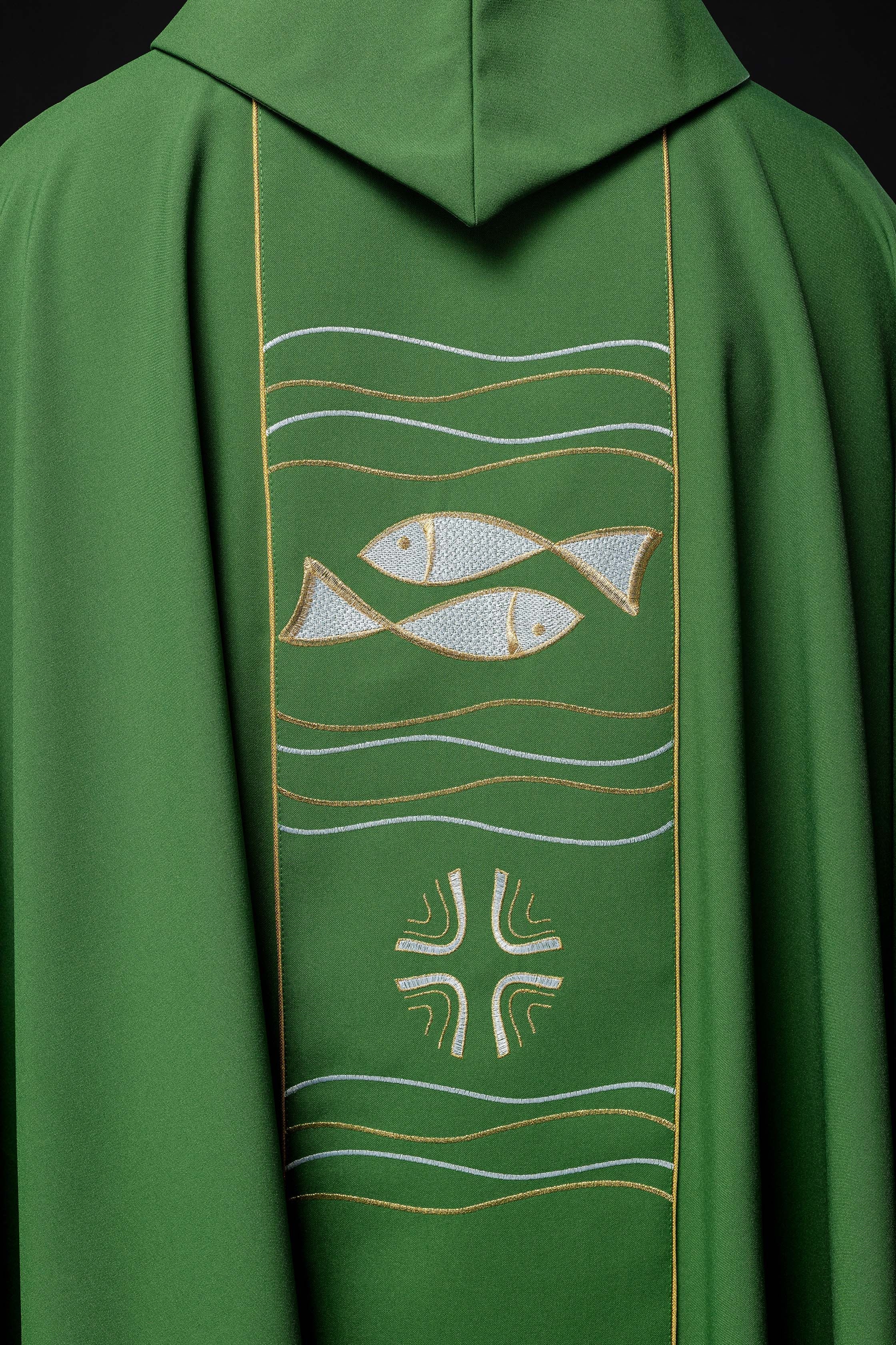 Green chasuble with cross and fish embroidery