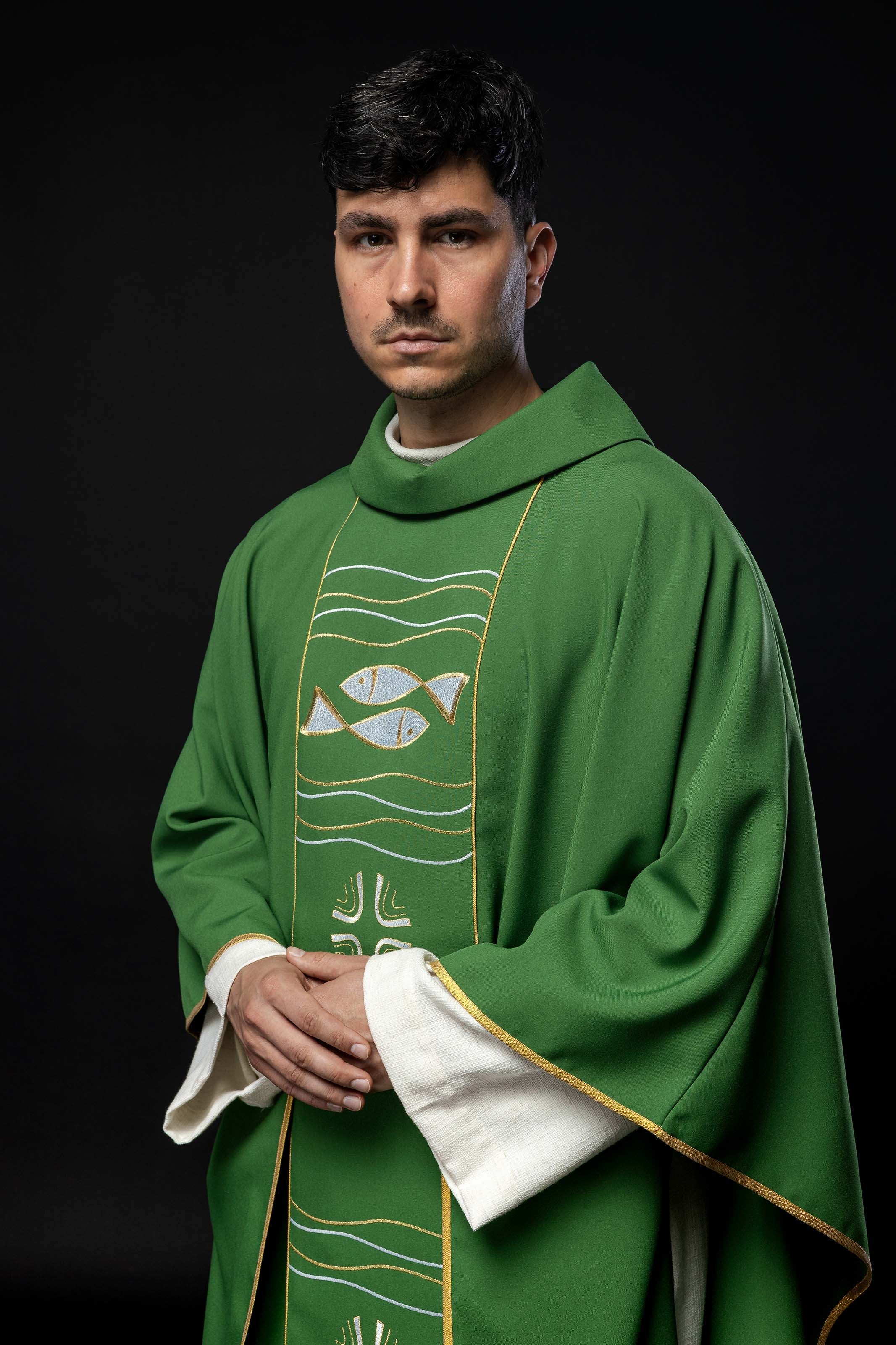 Green chasuble with cross and fish embroidery