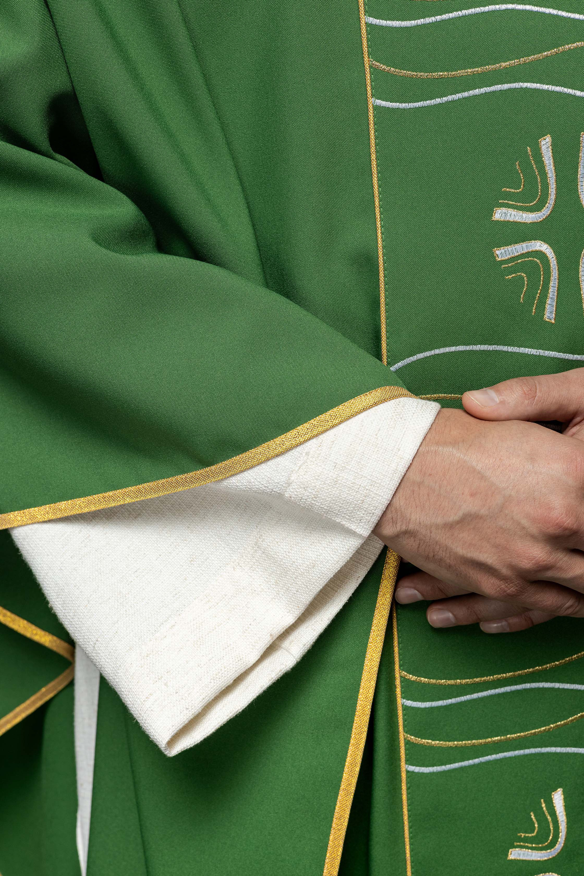 Green chasuble with cross and fish embroidery