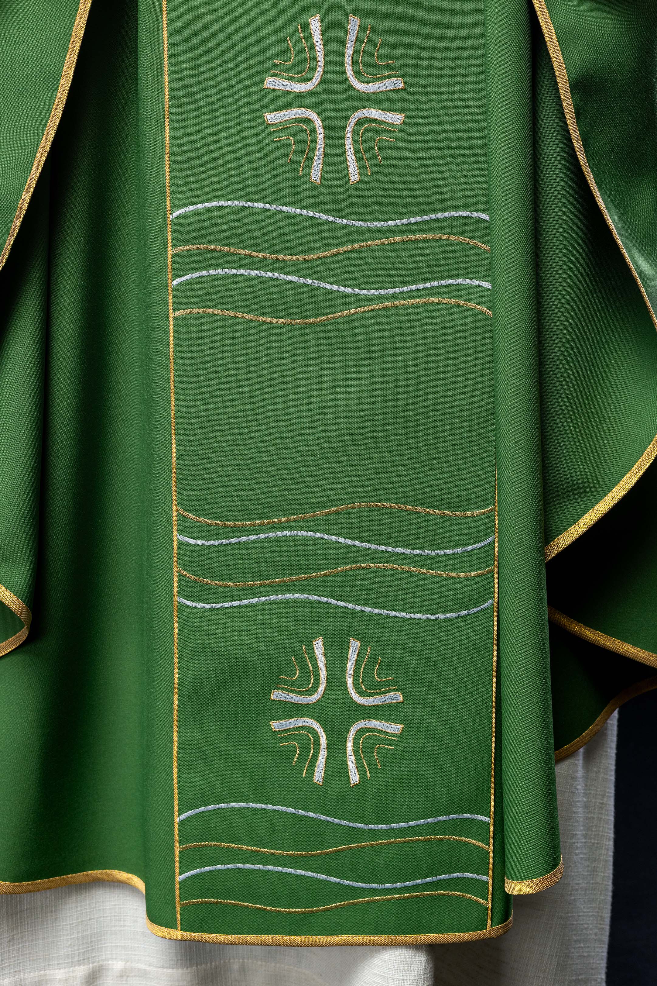 Green chasuble with cross and fish embroidery