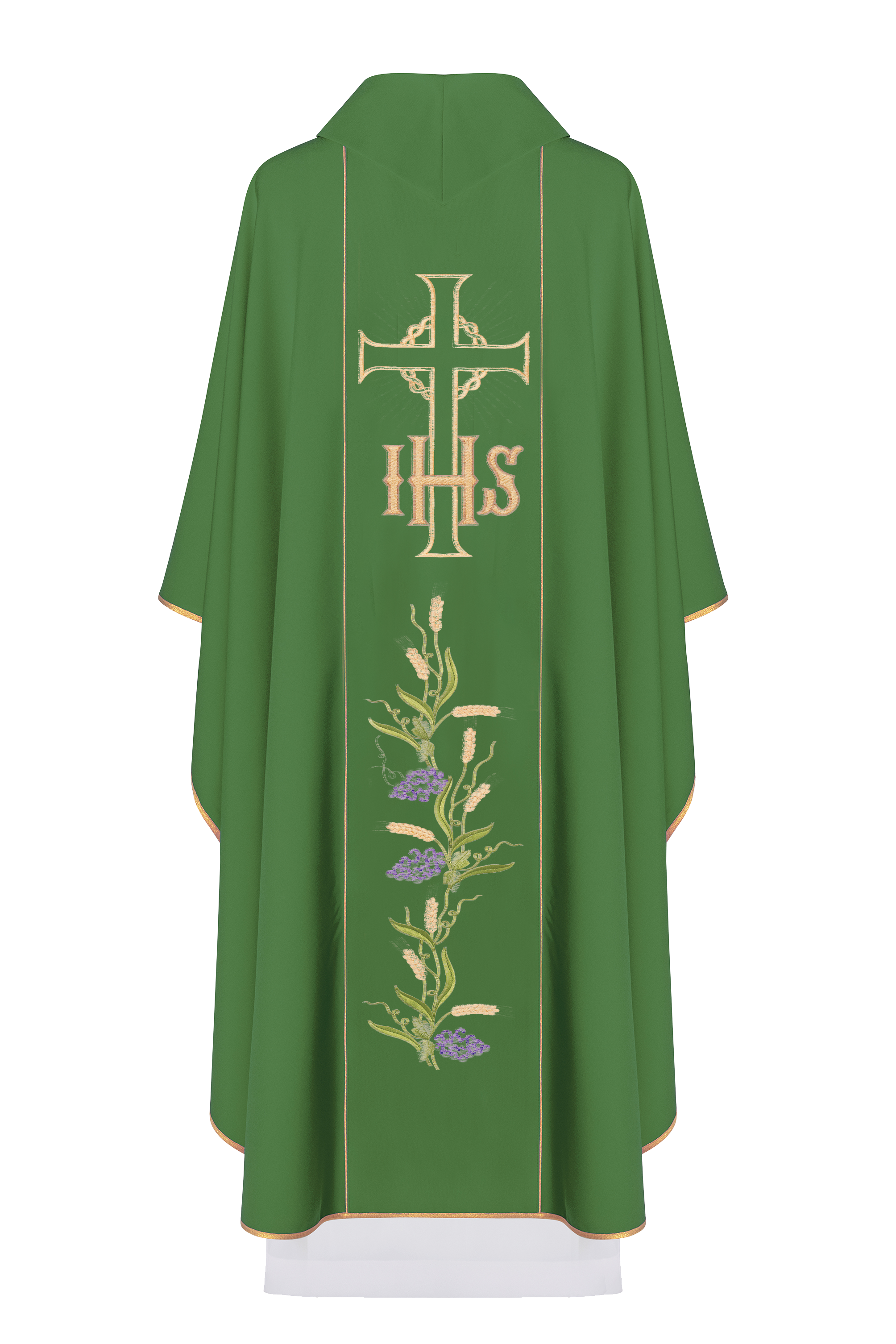 Green chasuble with decorated gold belt with IHS and ears