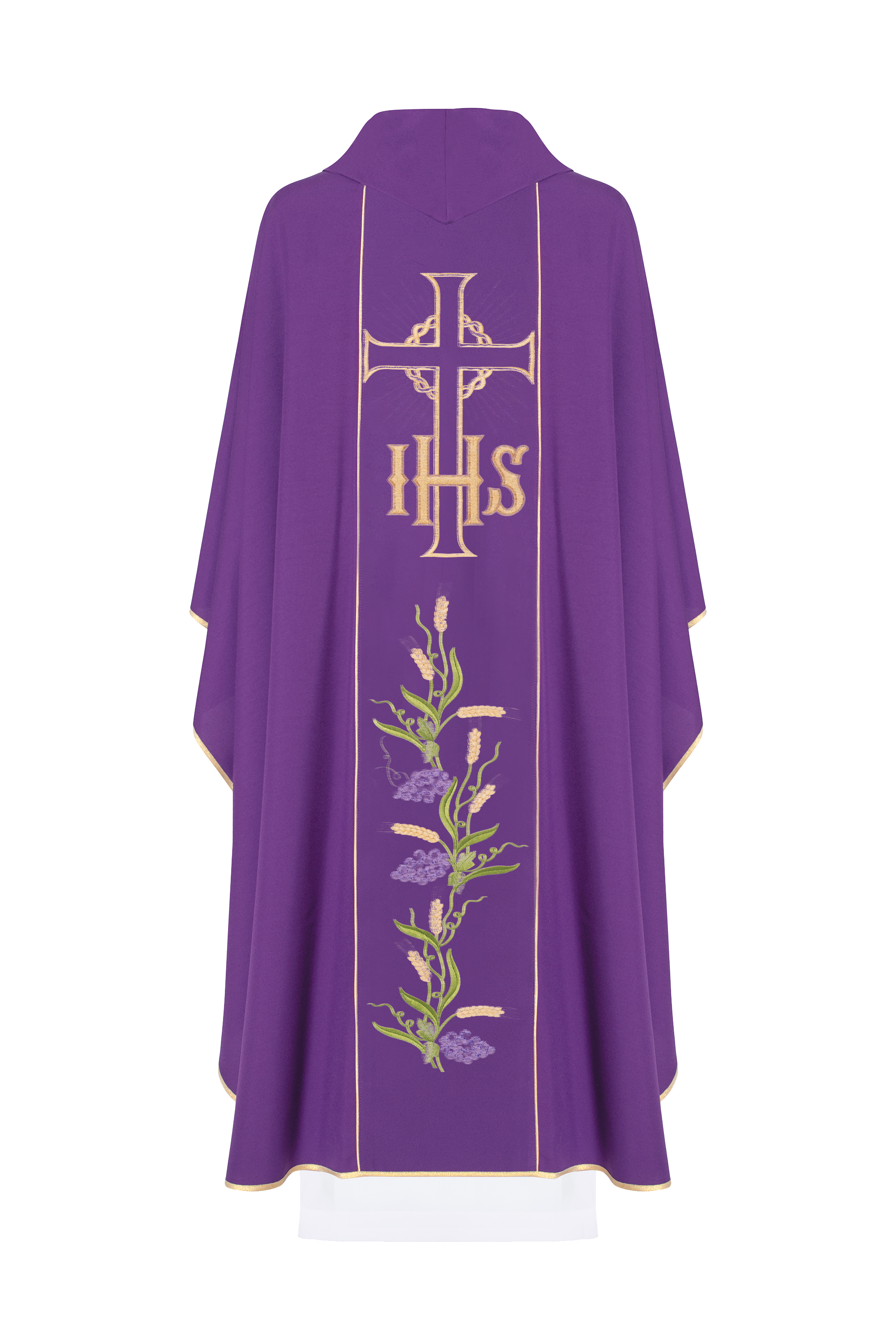 Purple chasuble with decorated gold belt with IHS and ears