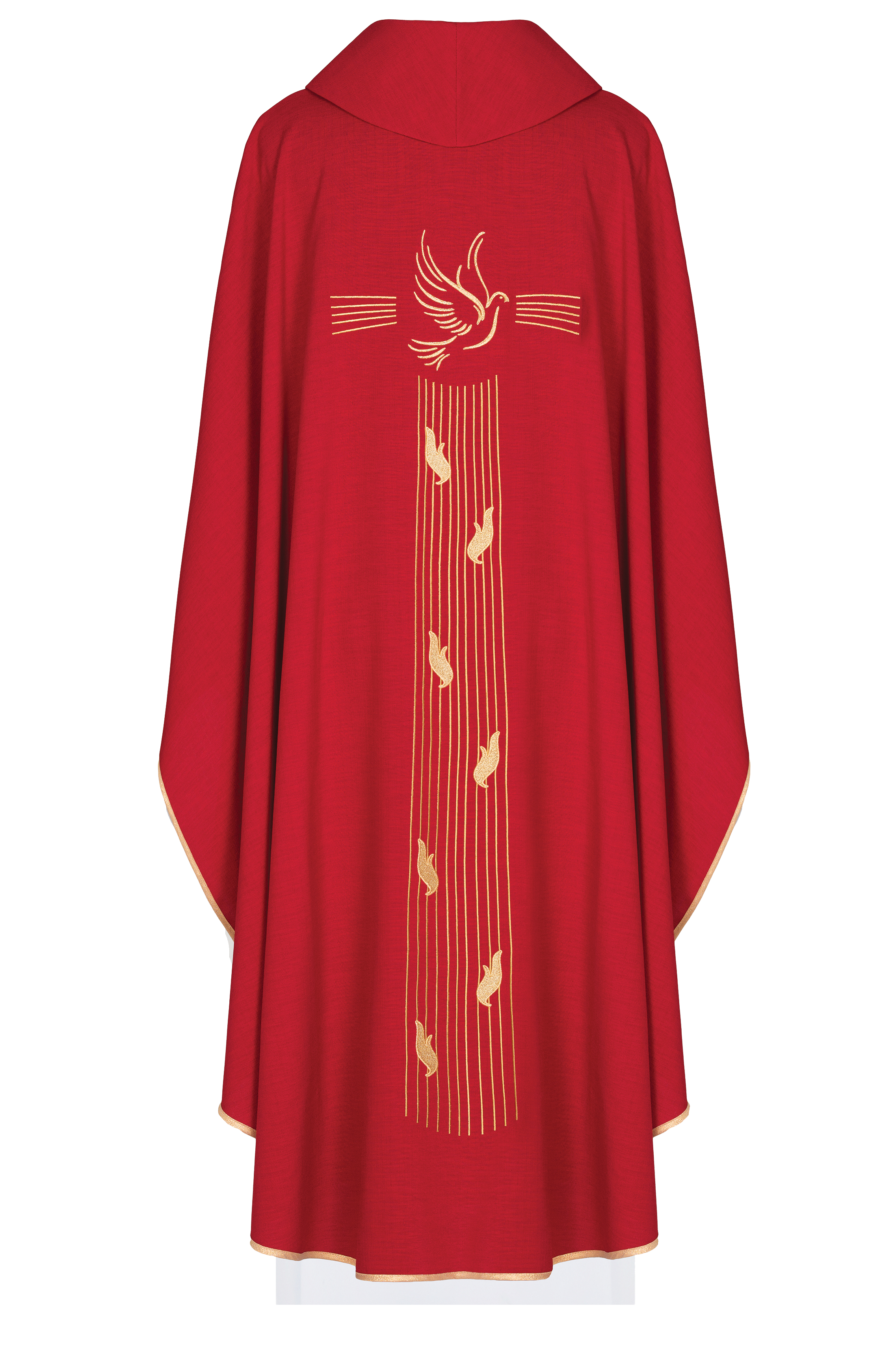 Red chasuble with gold trim and Holy Spirit embroidery