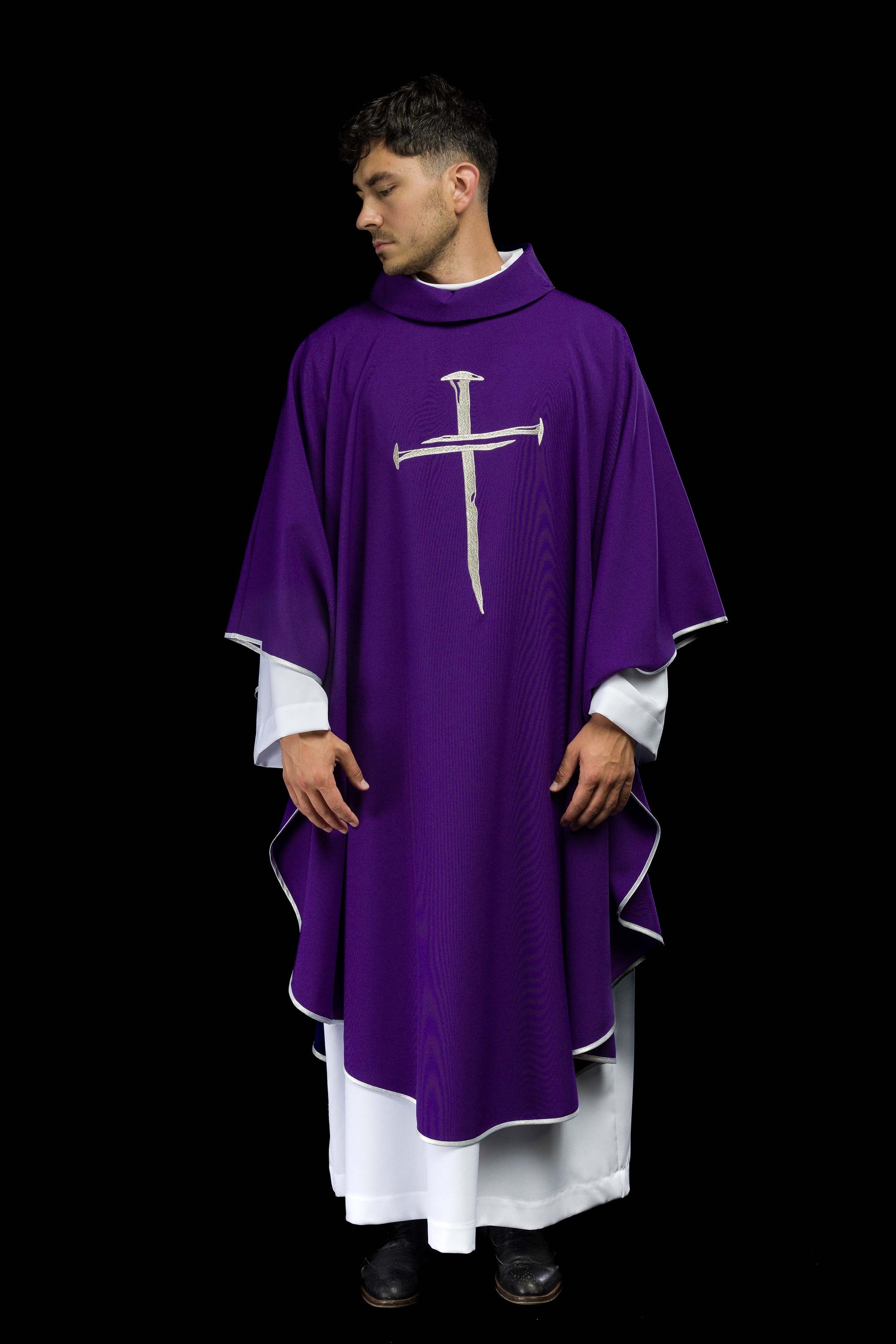 Purple chasuble with silver embroidered Cross for Lent