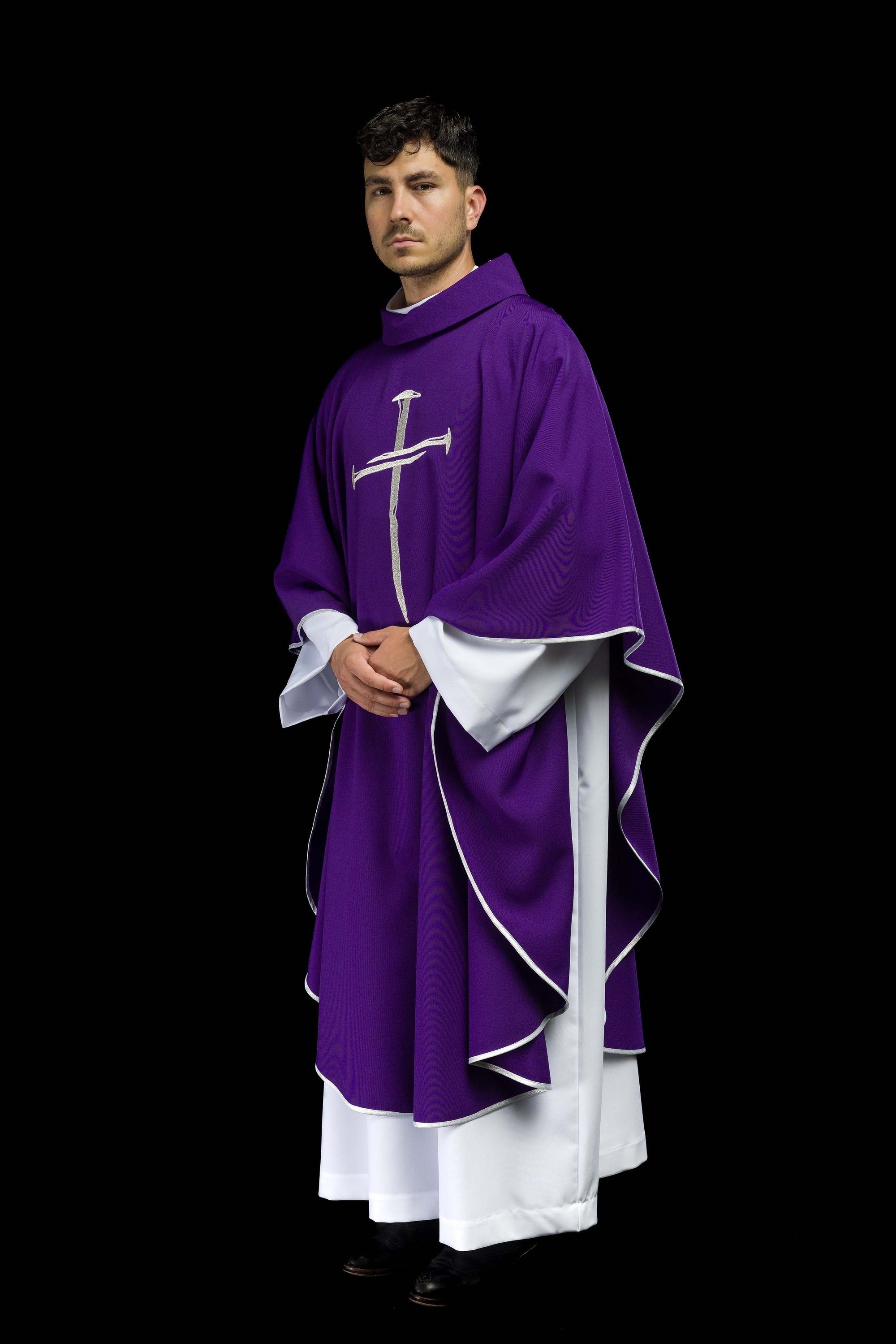 Purple chasuble with silver embroidered Cross for Lent
