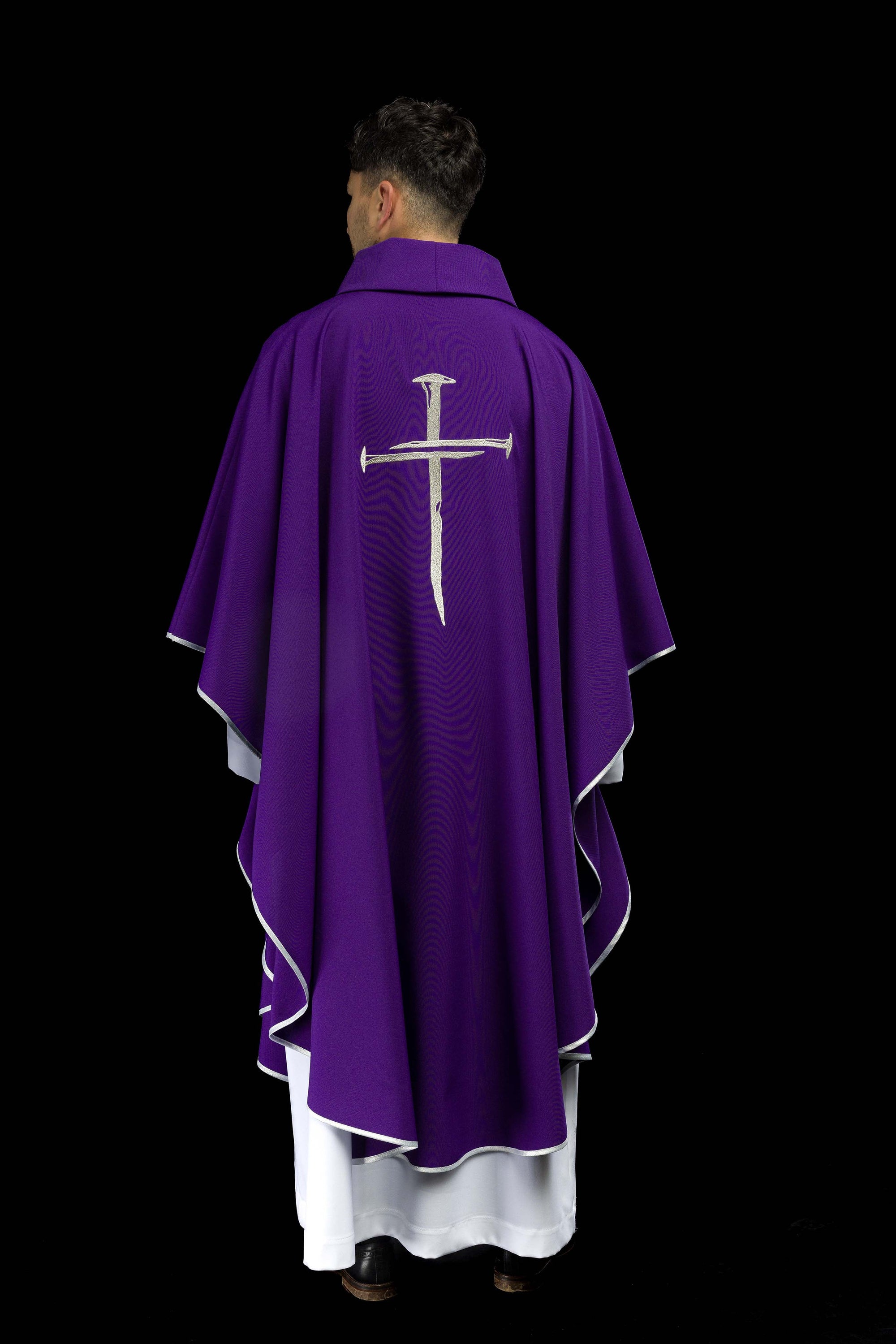 Purple chasuble with silver embroidered Cross for Lent