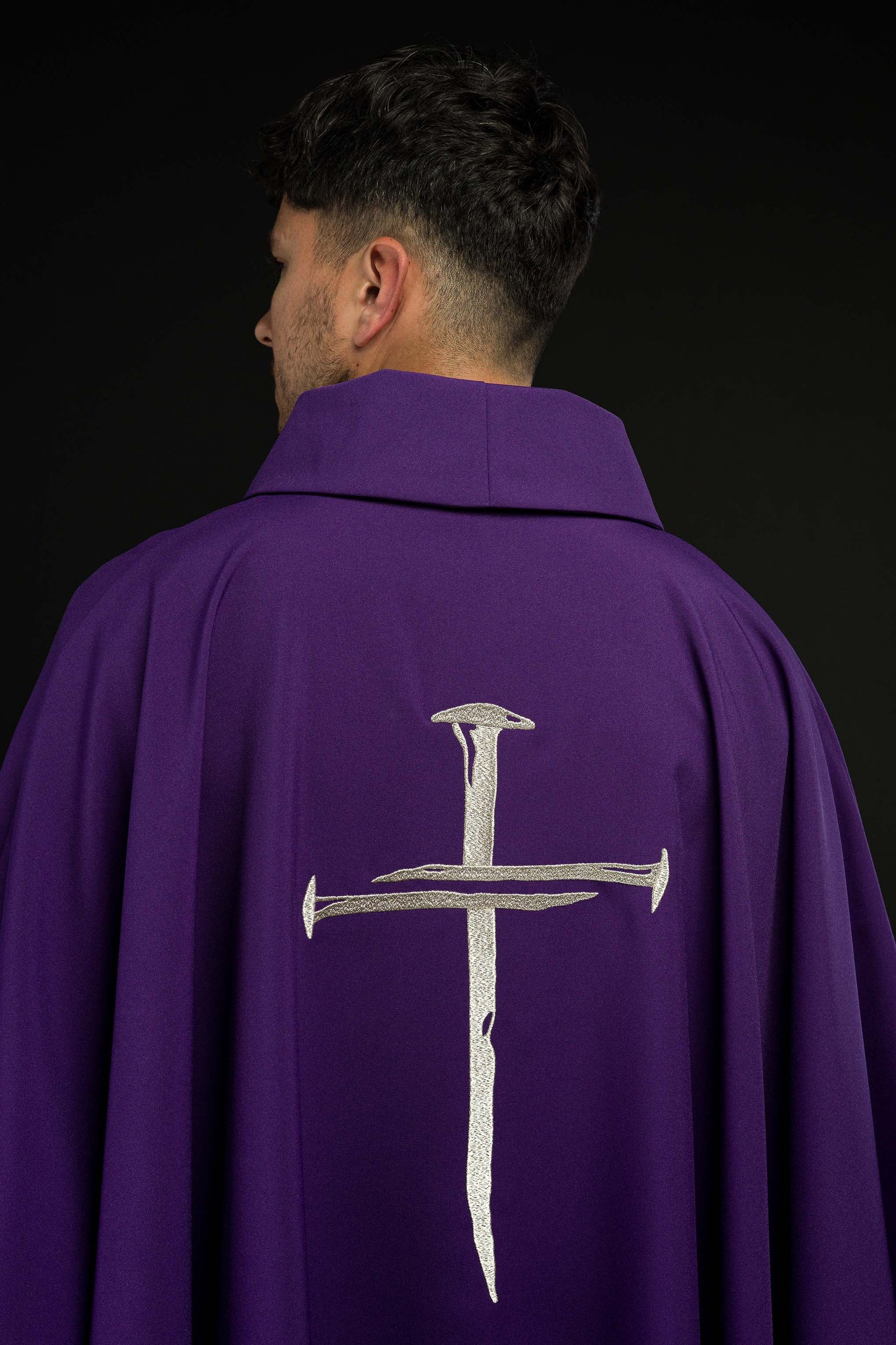 Purple chasuble with silver embroidered Cross for Lent