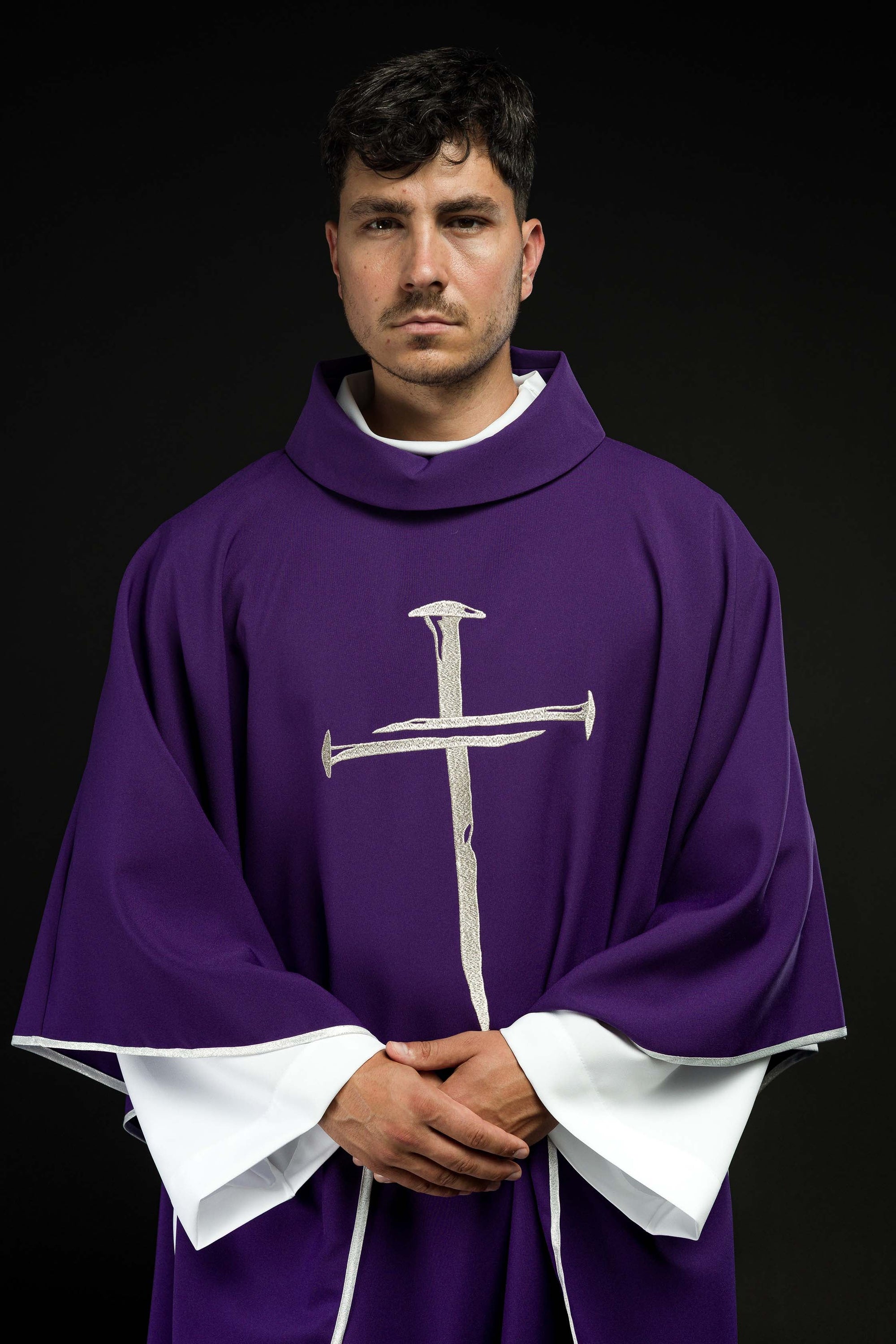 Purple chasuble with silver embroidered Cross for Lent