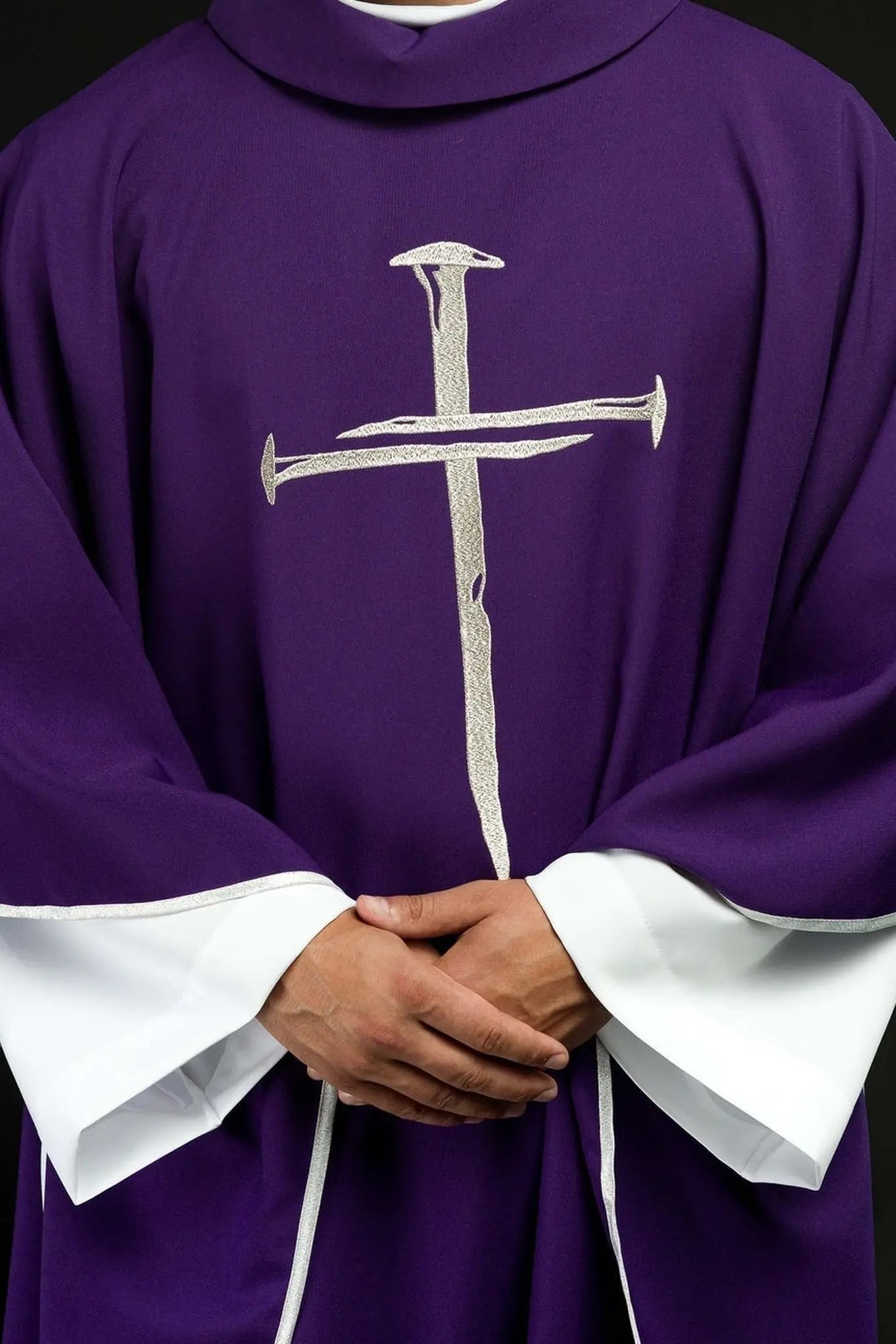Purple chasuble with silver embroidered Cross for Lent