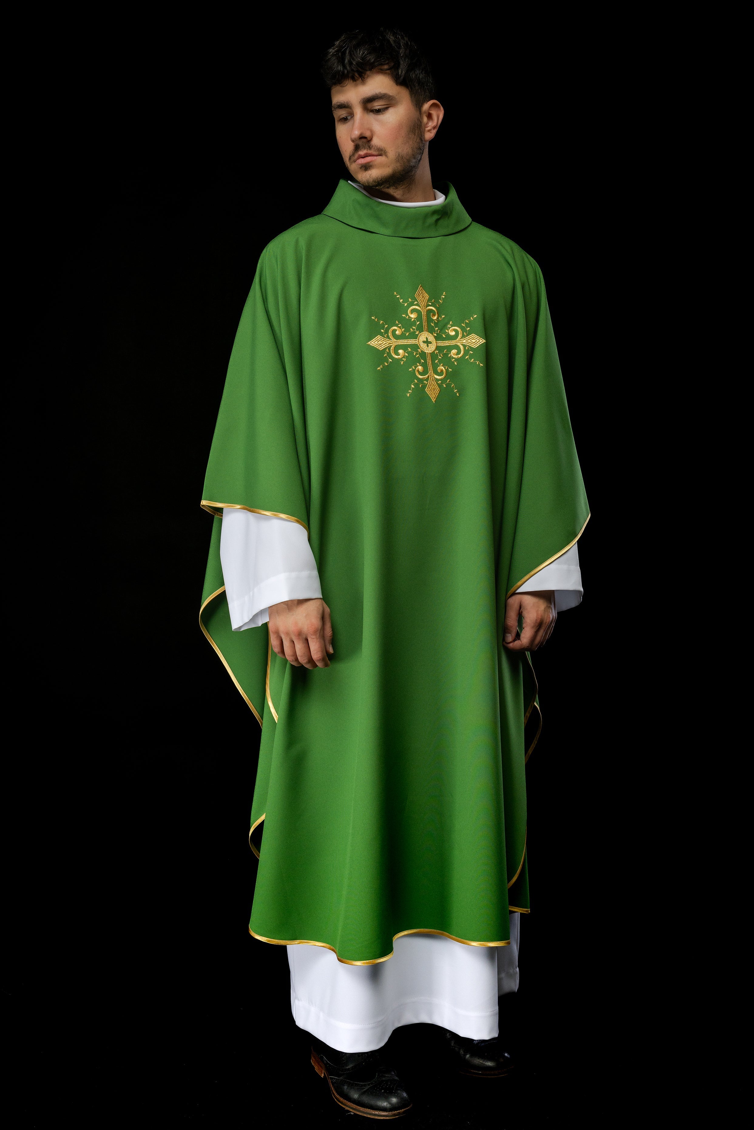 Green chasuble embroidered with cross motif