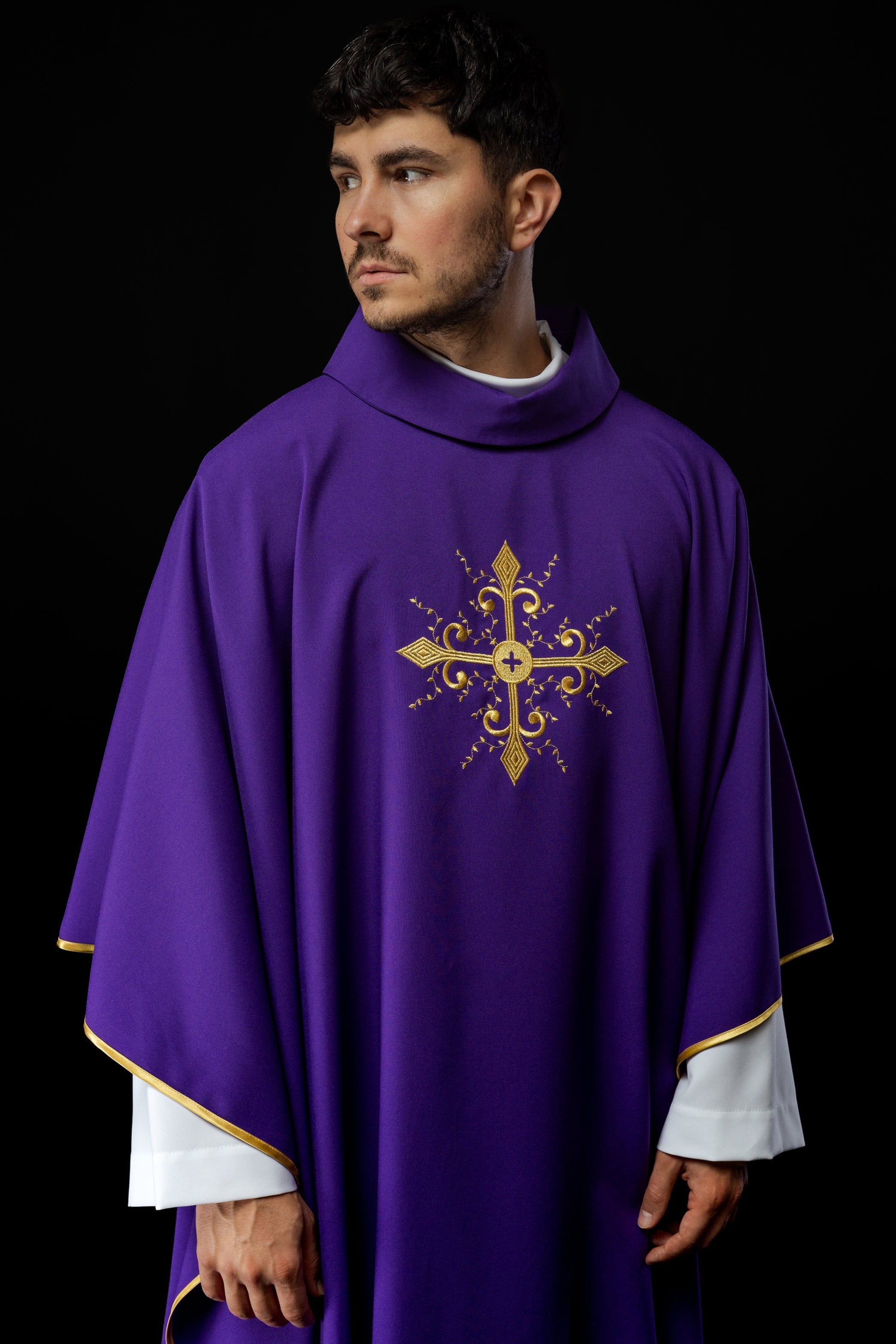 Purple chasuble embroidered with cross motif