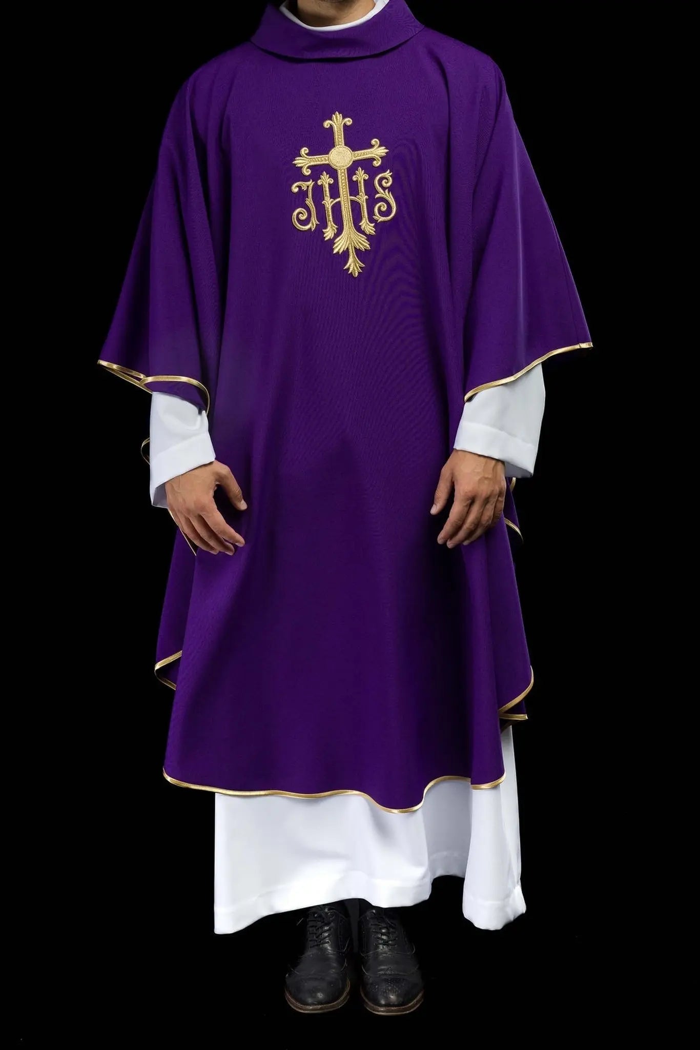 Purple embroidered chasuble with cross and JHS
