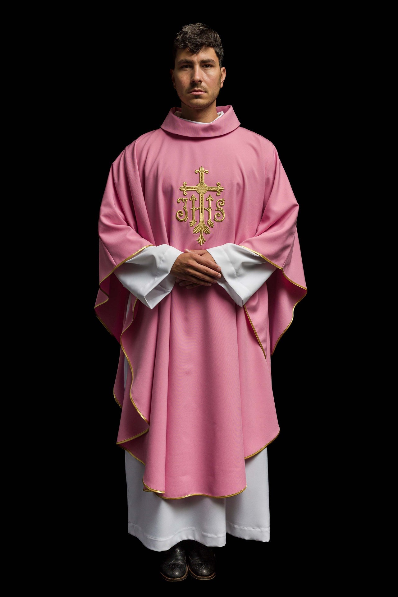 JHS pink chasuble with raised embroidery