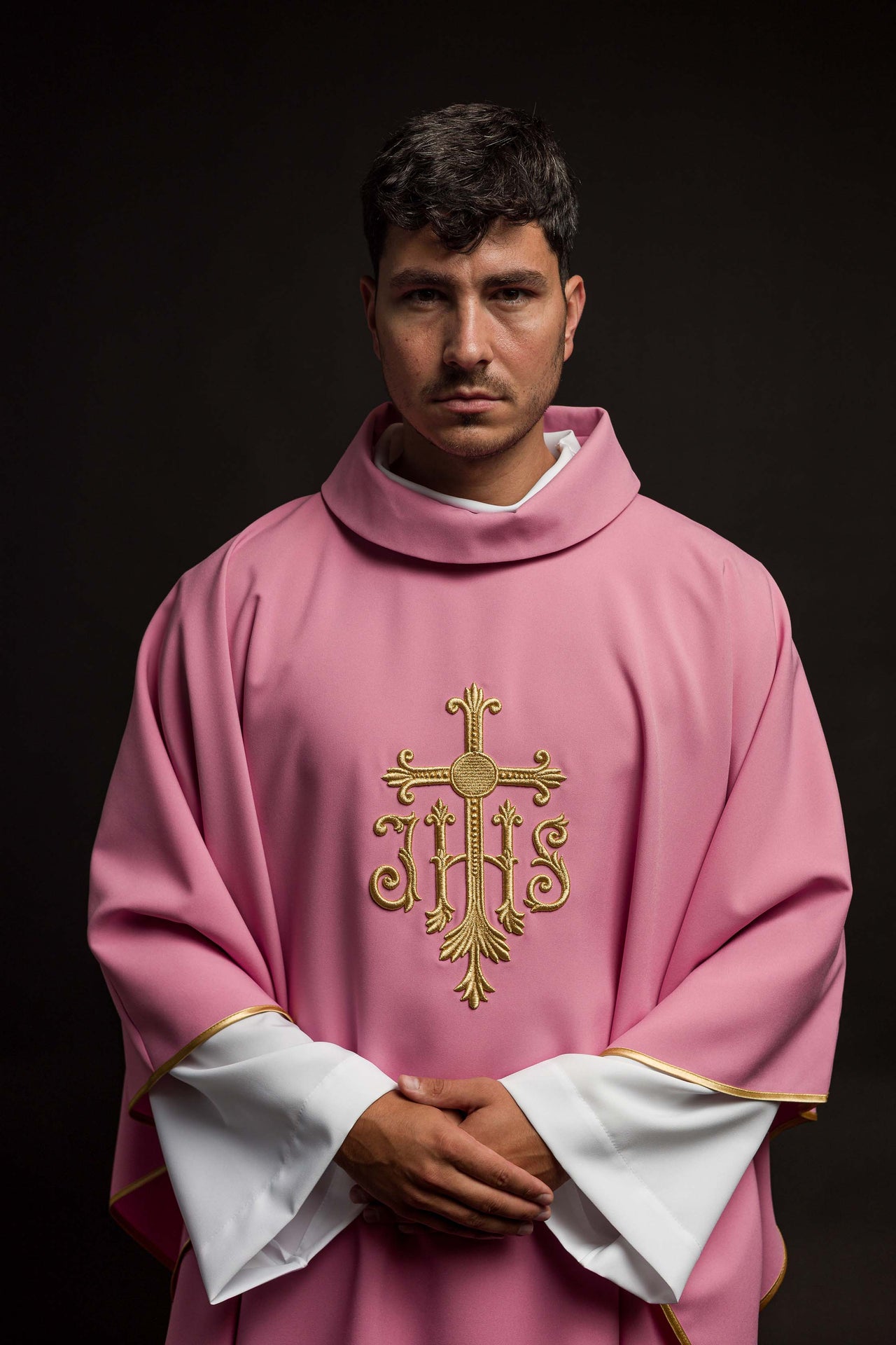 JHS pink chasuble with raised embroidery