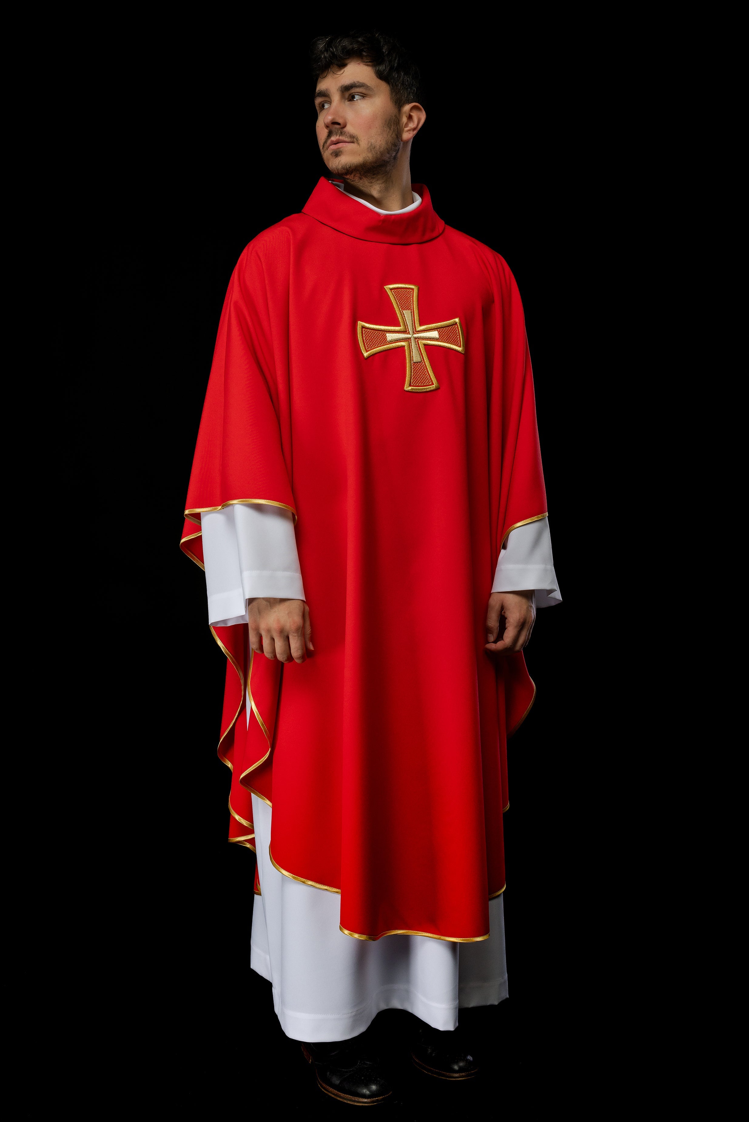 Embroidered chasuble IHS Red with Cross motif