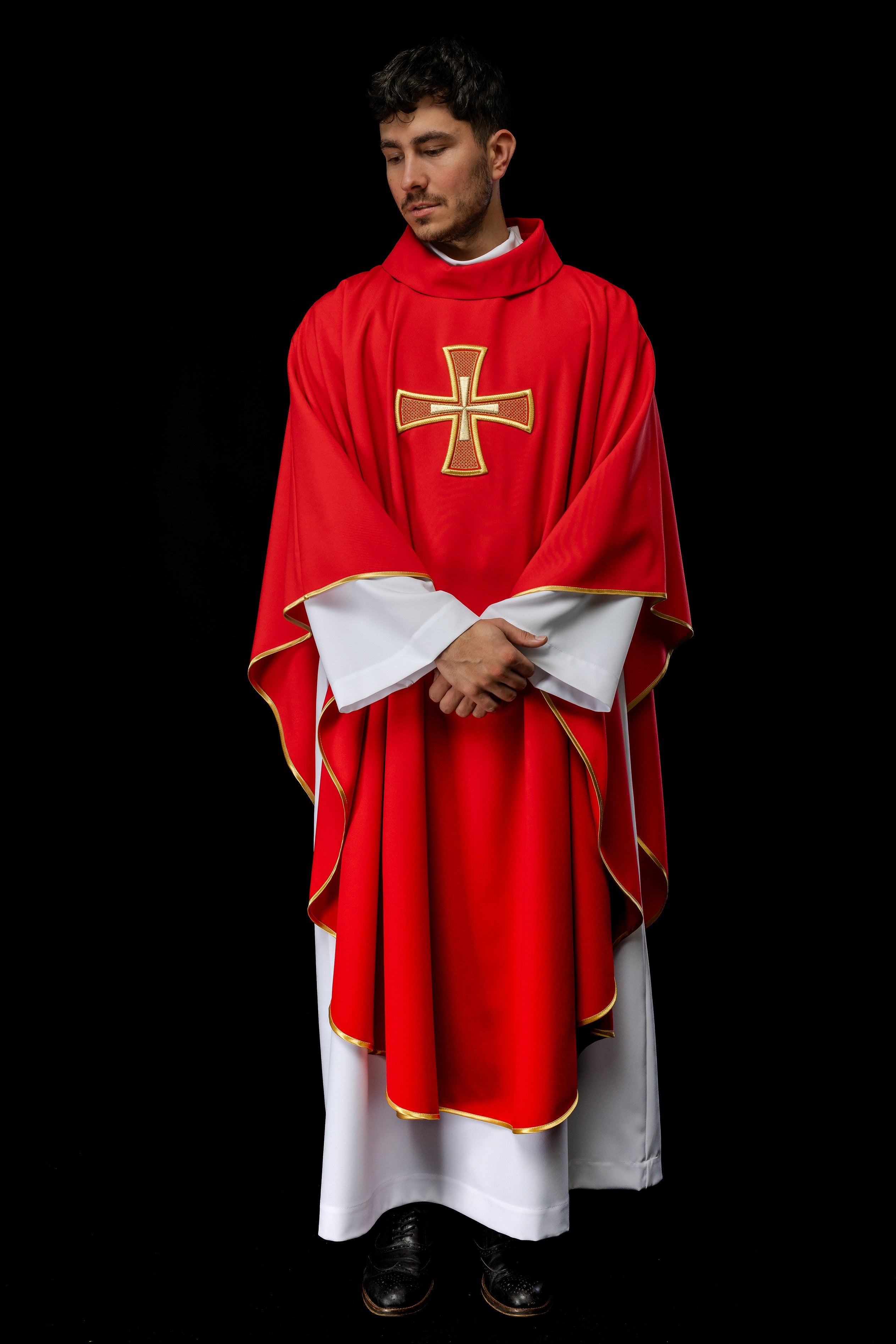 Embroidered chasuble IHS Red with Cross motif