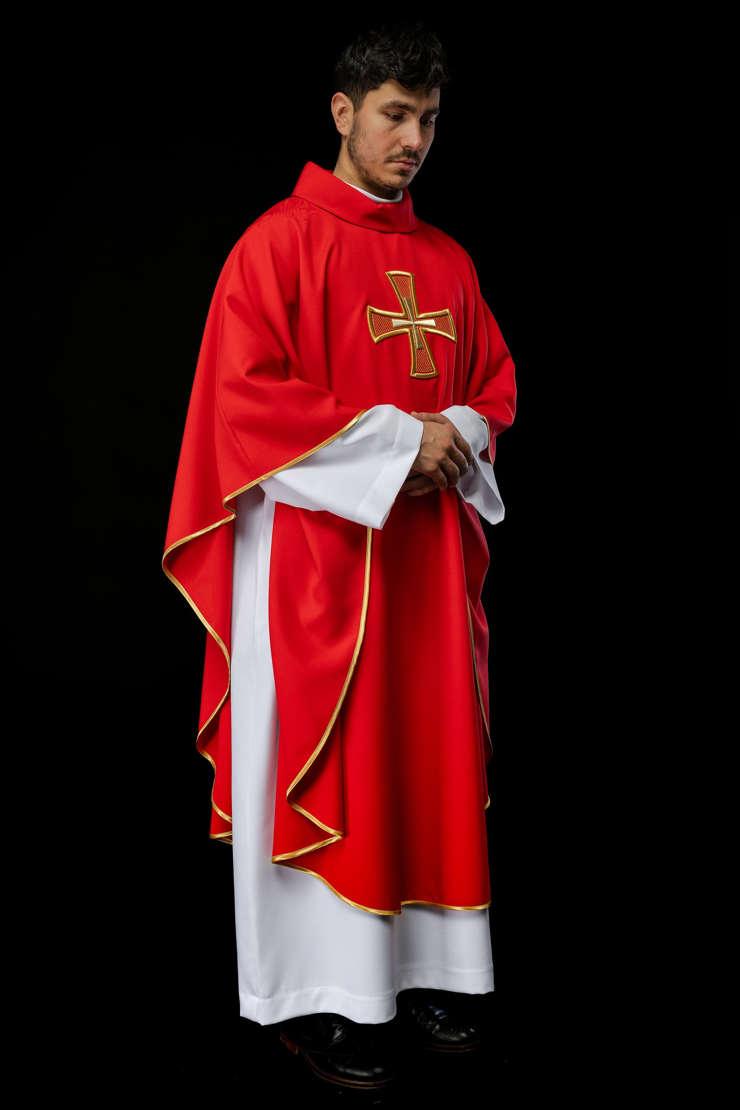 Embroidered chasuble IHS Red with Cross motif