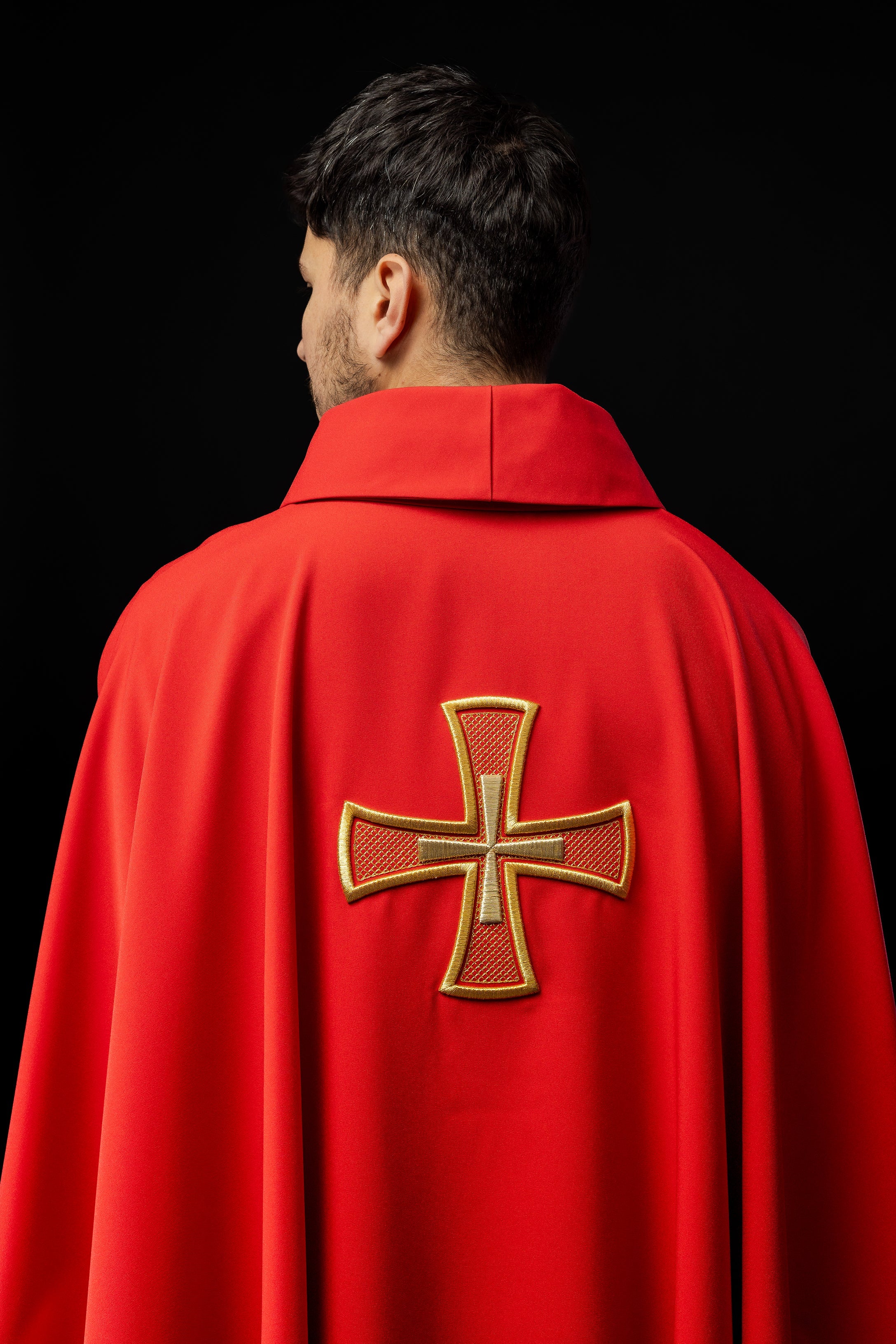 Embroidered chasuble IHS Red with Cross motif