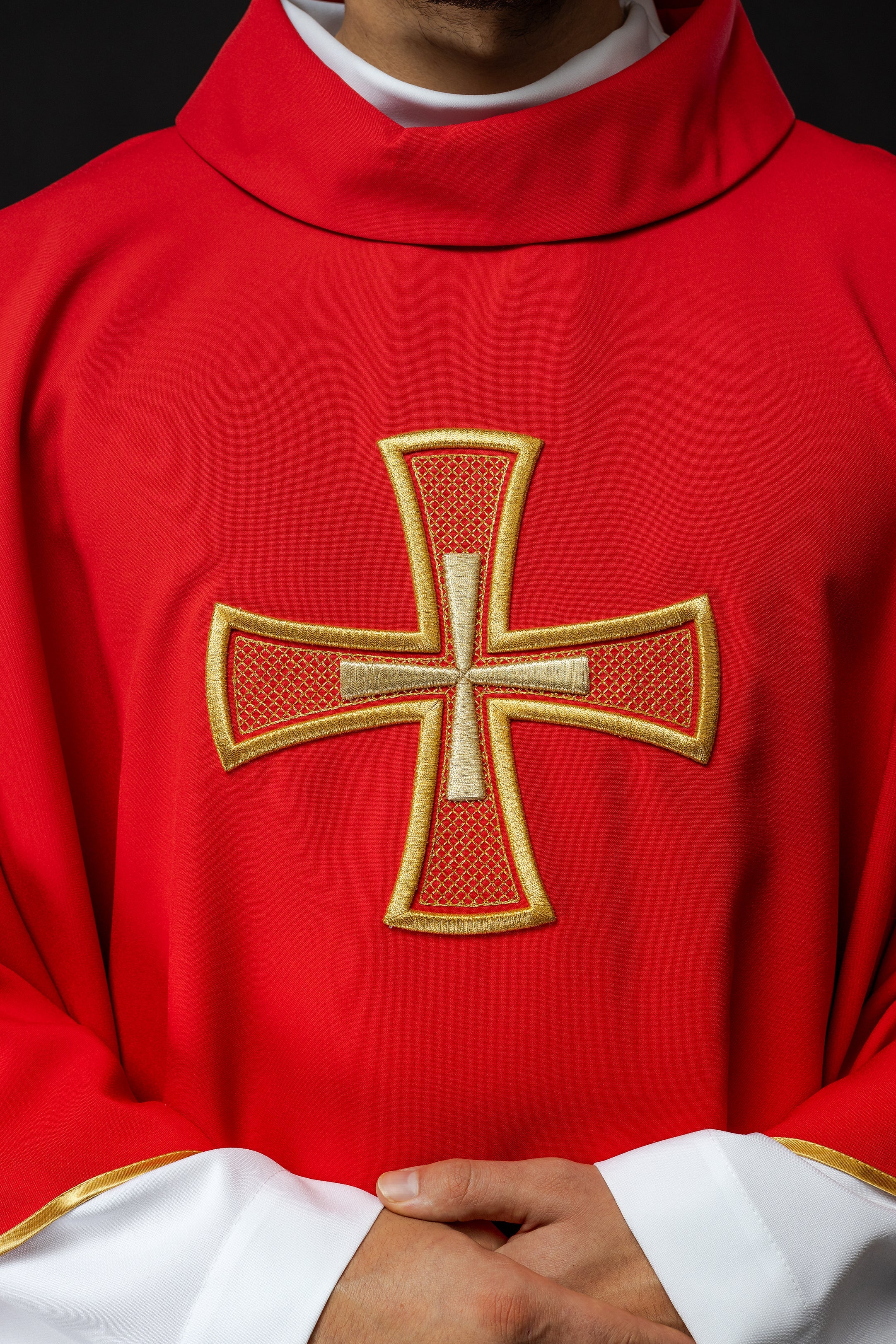 Embroidered chasuble IHS Red with Cross motif