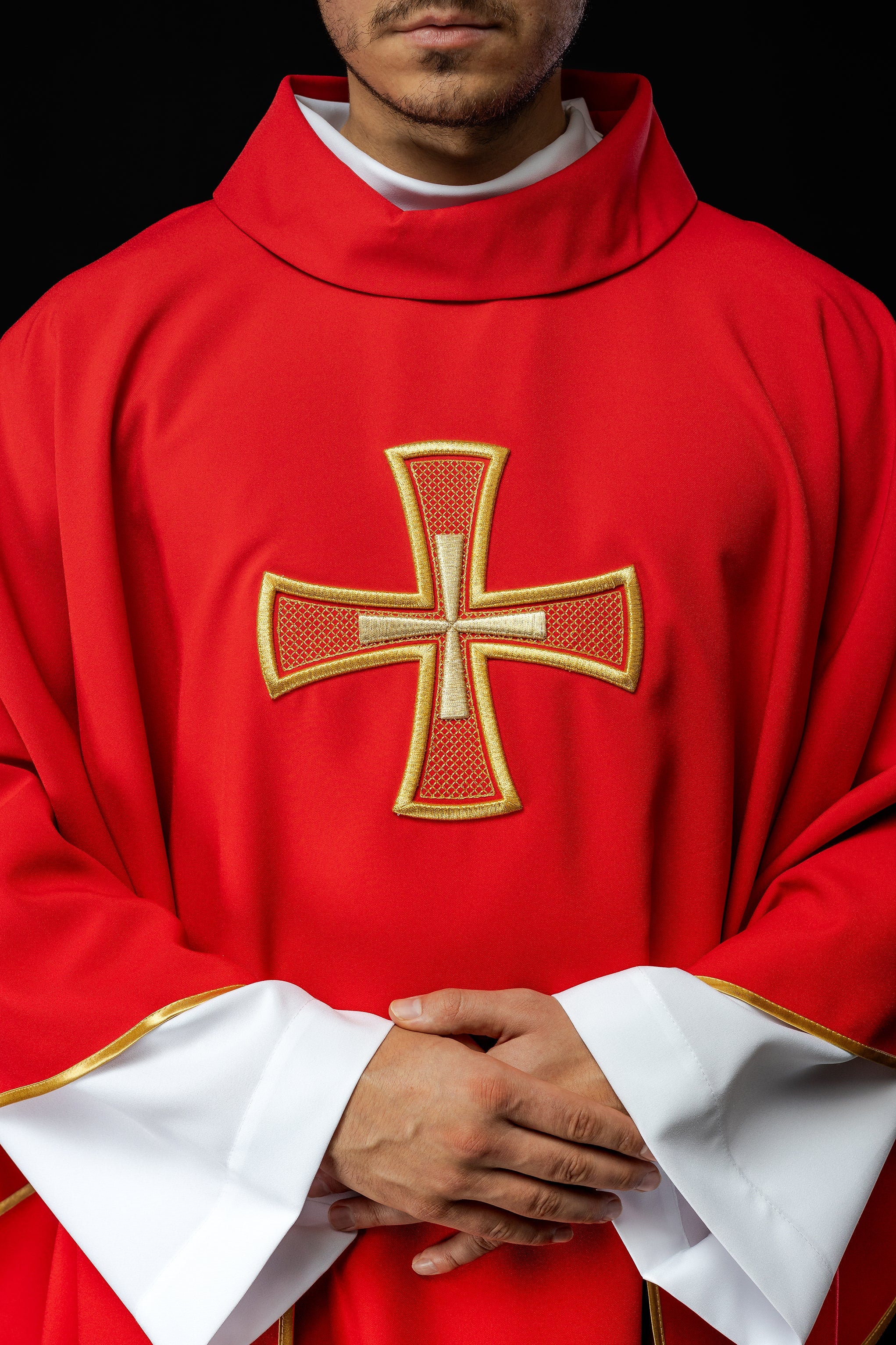 Embroidered chasuble IHS Red with Cross motif