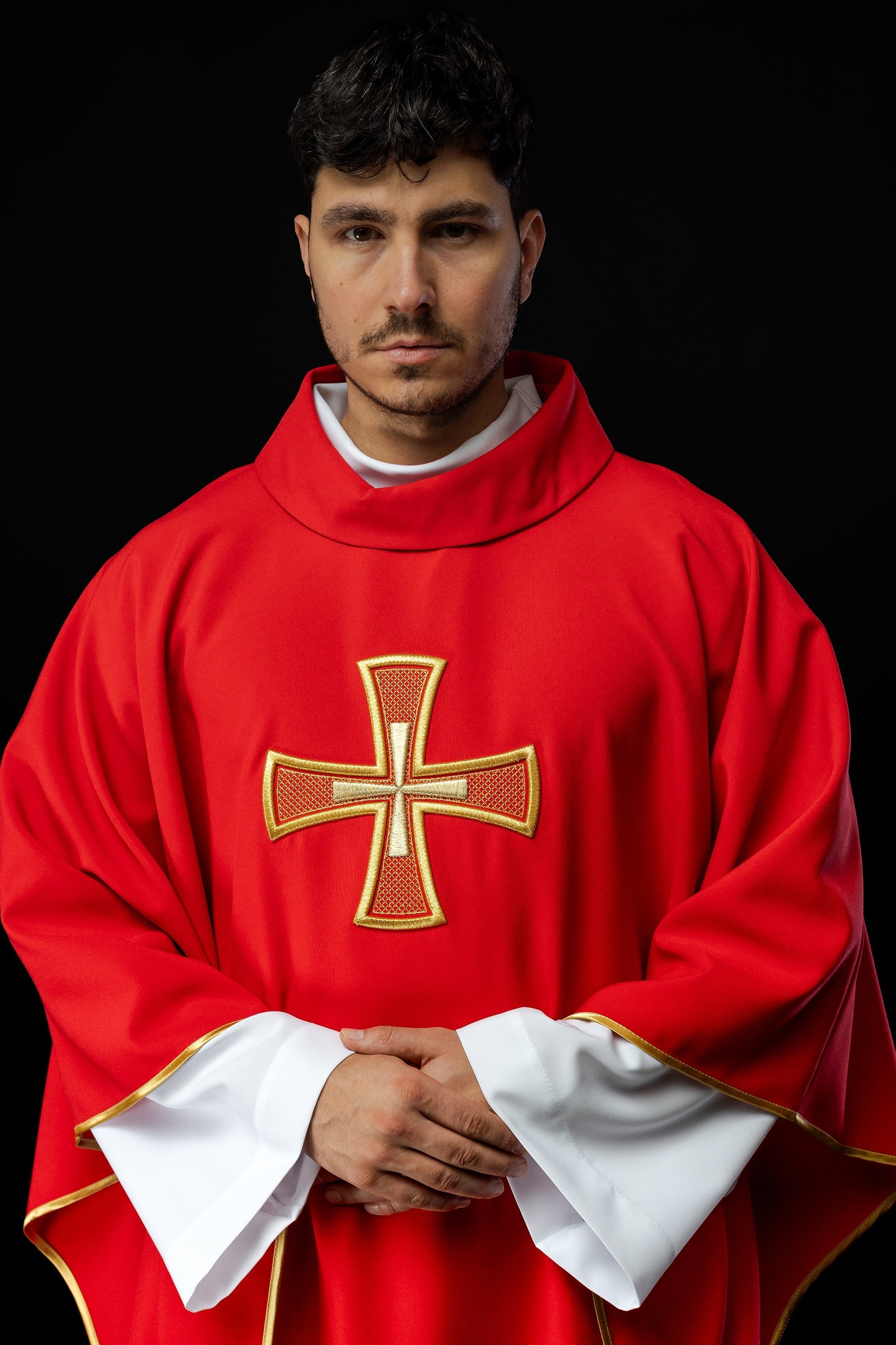 Embroidered chasuble IHS Red with Cross motif