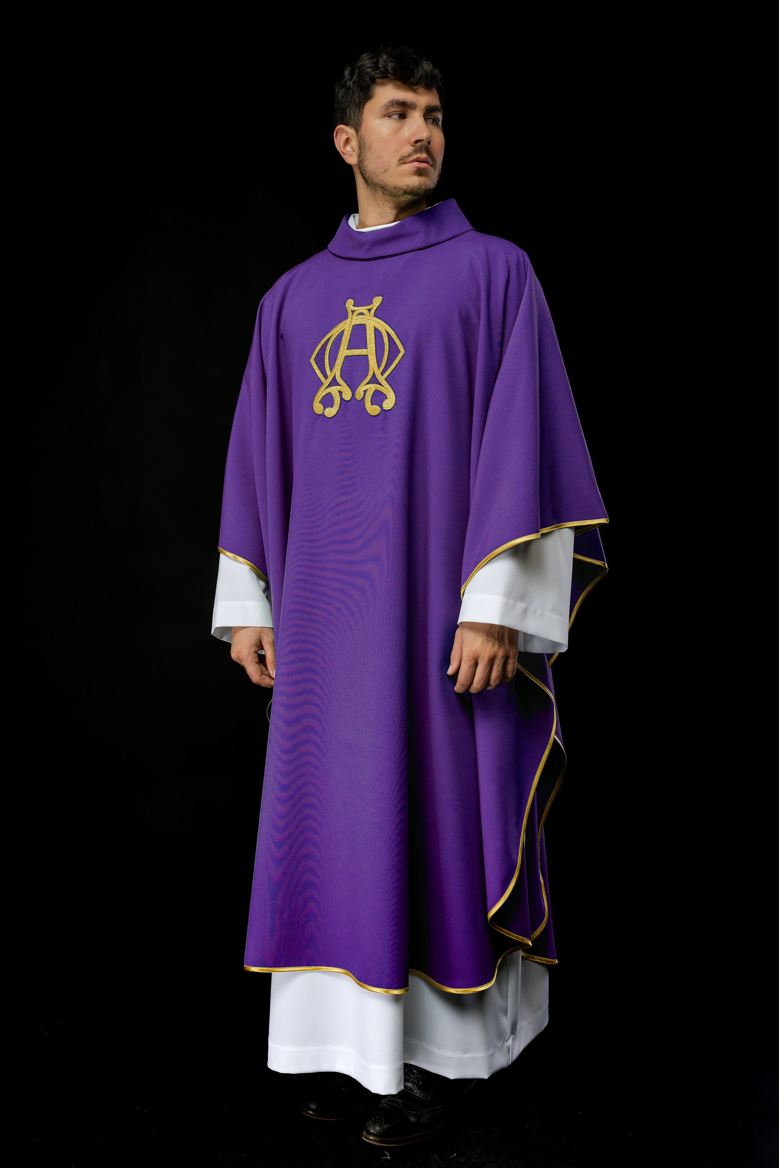 Liturgical chasuble in purple with Alpha and Omega motifs