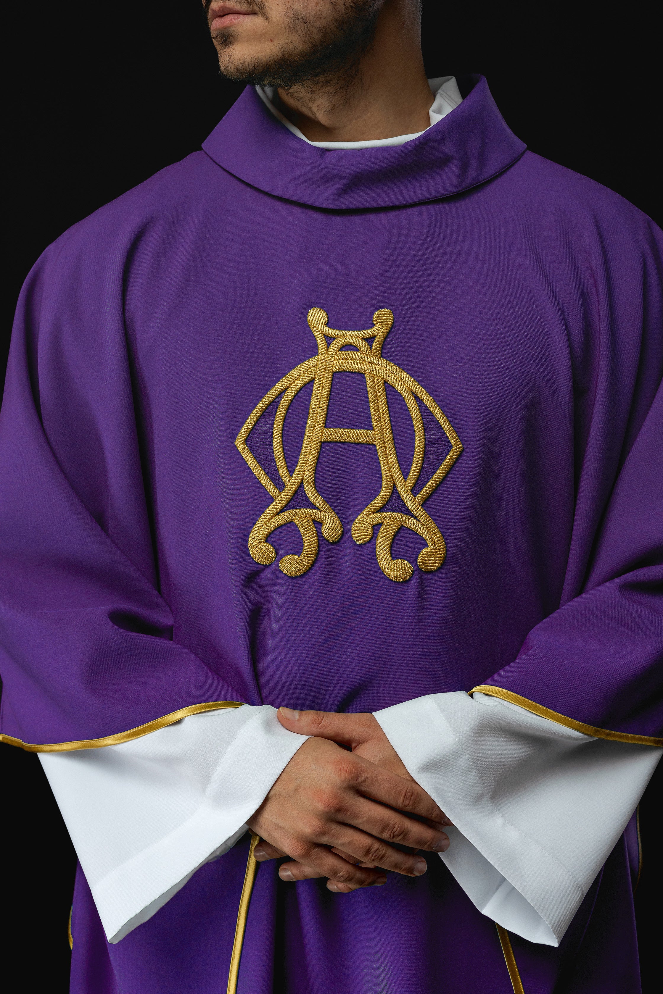 Liturgical chasuble in purple with Alpha and Omega motifs