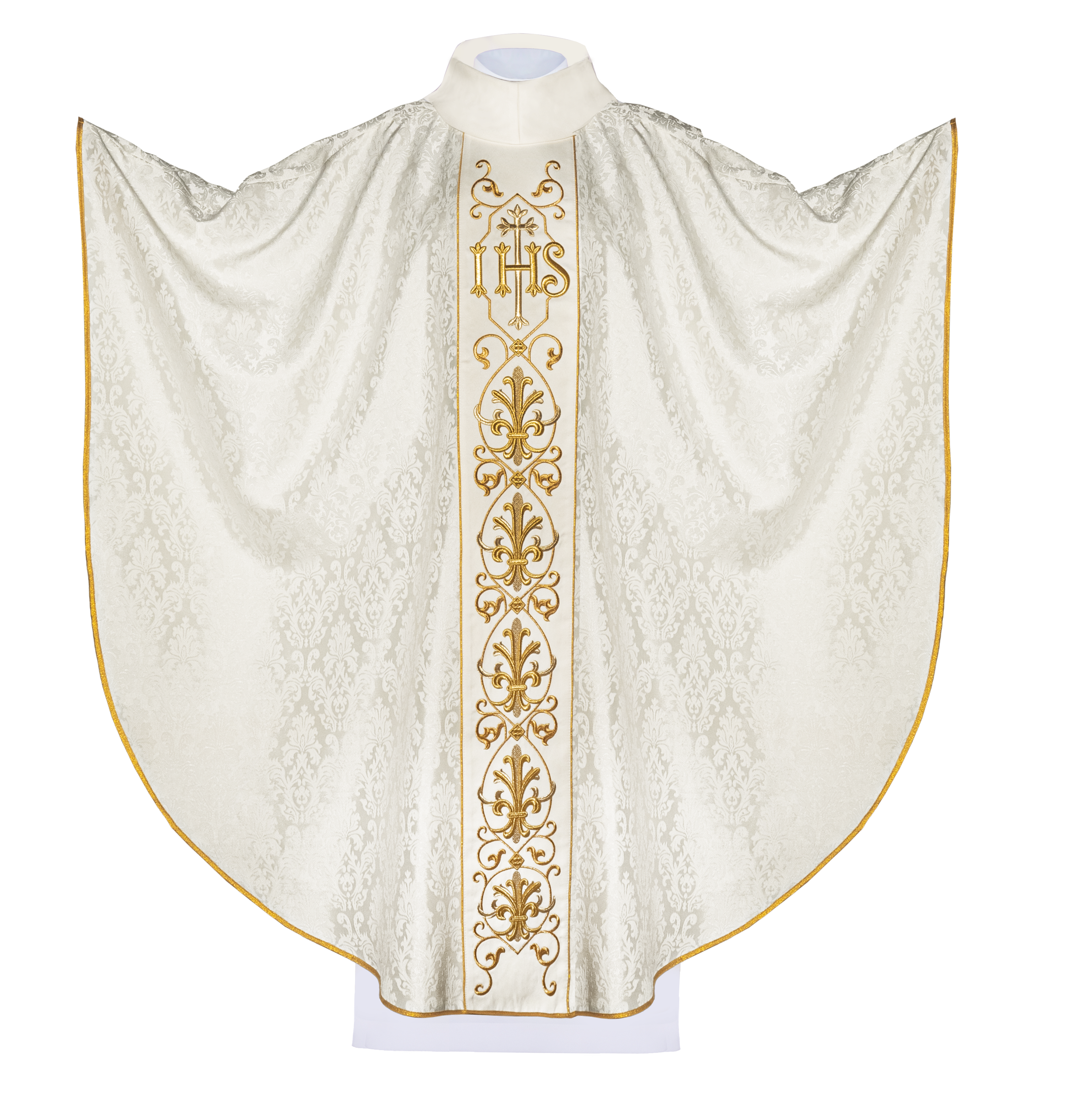 Ecru chasuble embroidered on decorative fabric with IHS symbol