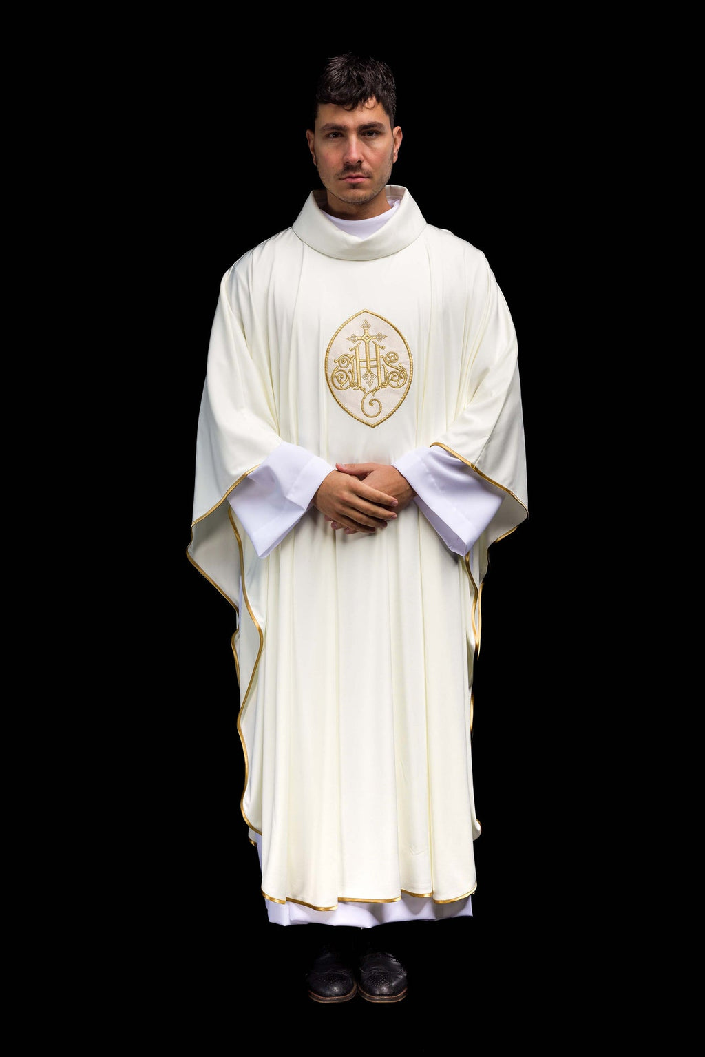 Chasuble embroidered with IHS lightweight SACROLITE knitted fabric