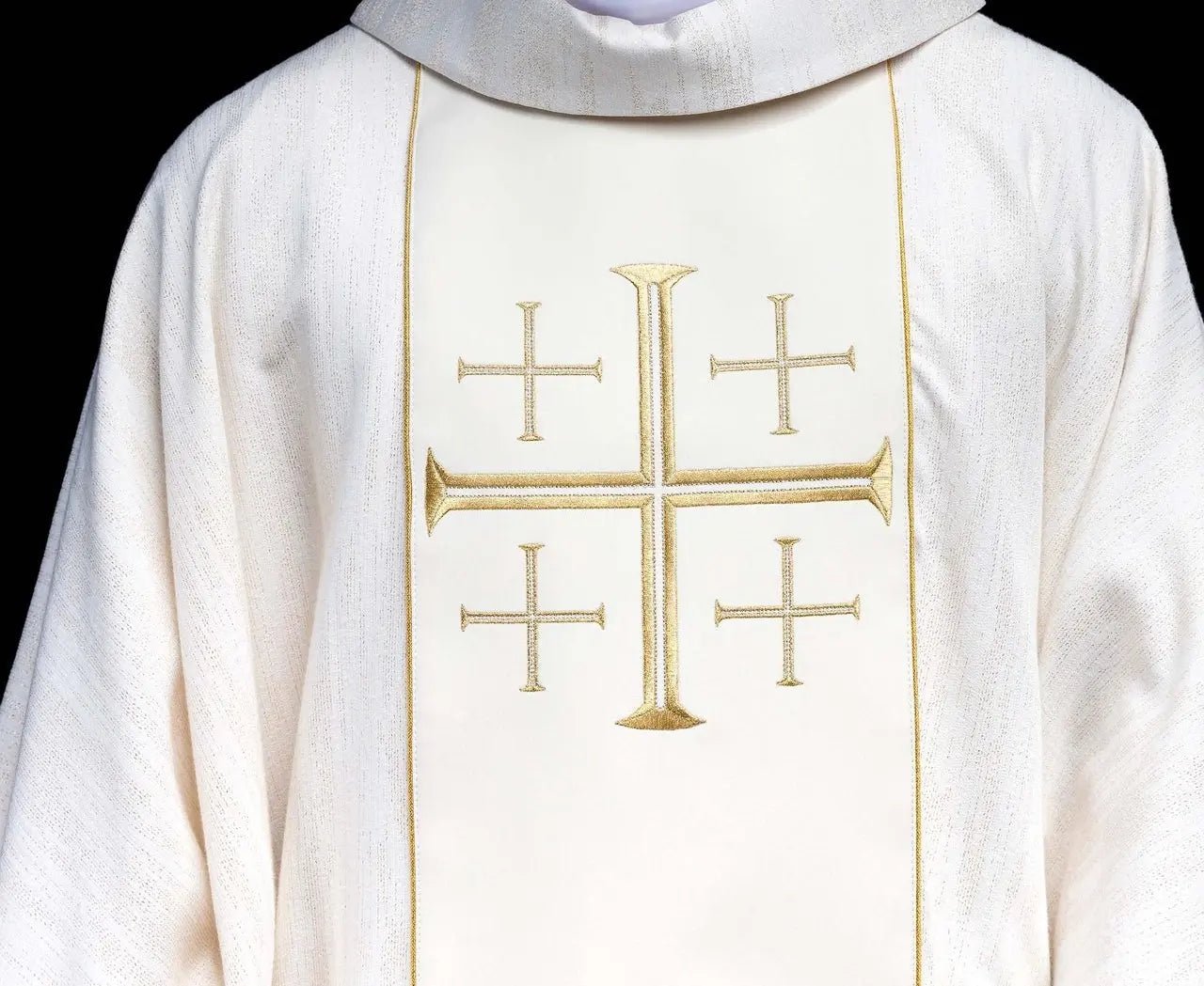 Embroidered Chasuble with Band and Jerusalem Crosses Ecru
