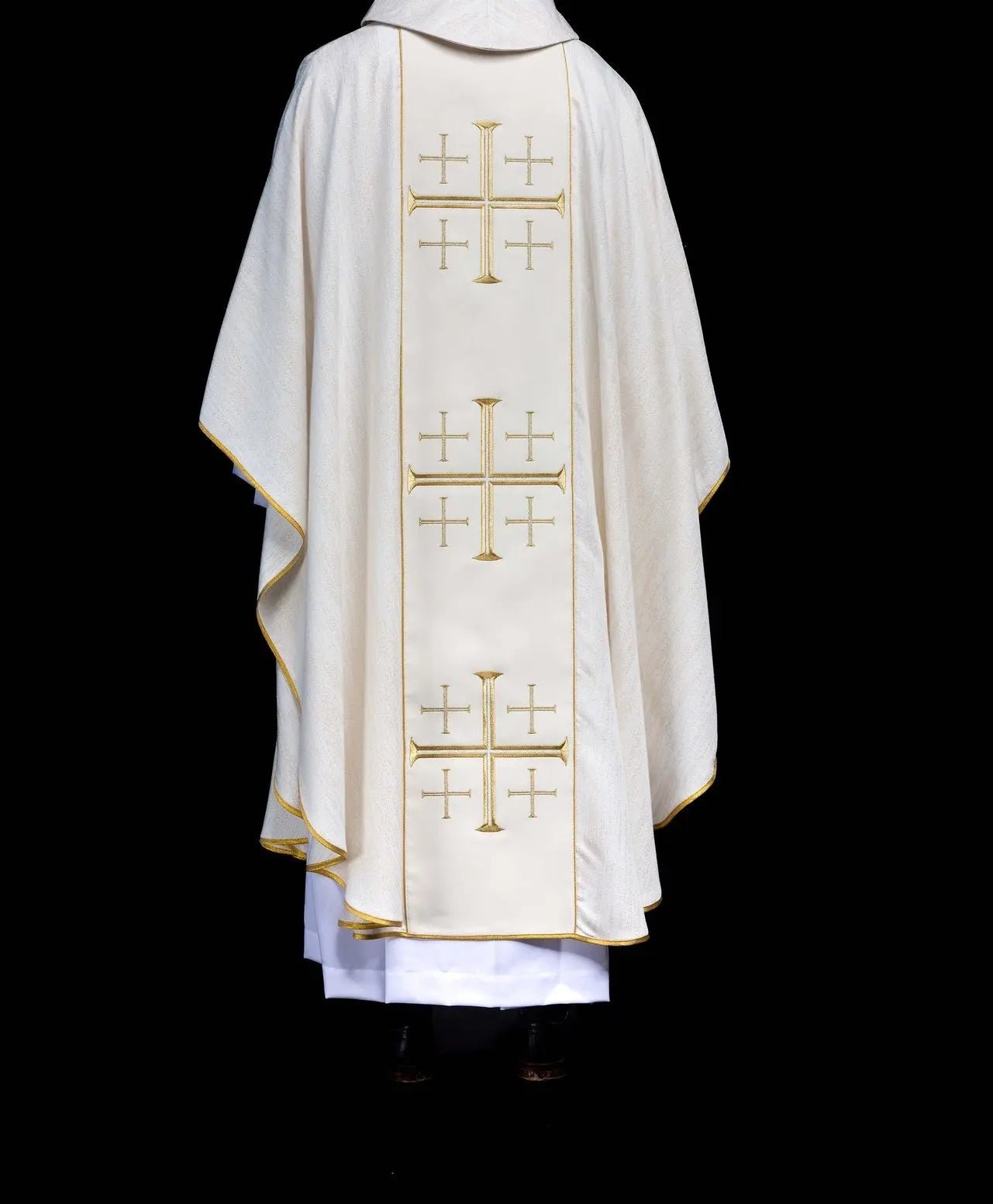Embroidered Chasuble with Band and Jerusalem Crosses Ecru
