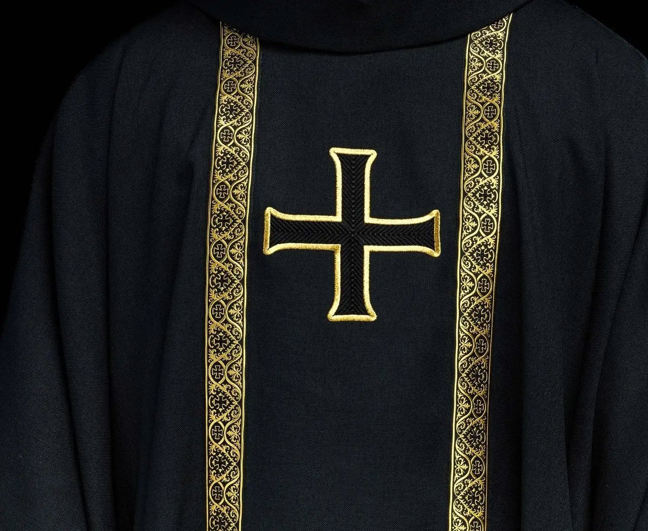 Black liturgical chasuble with embroidered cross and jacquard bands