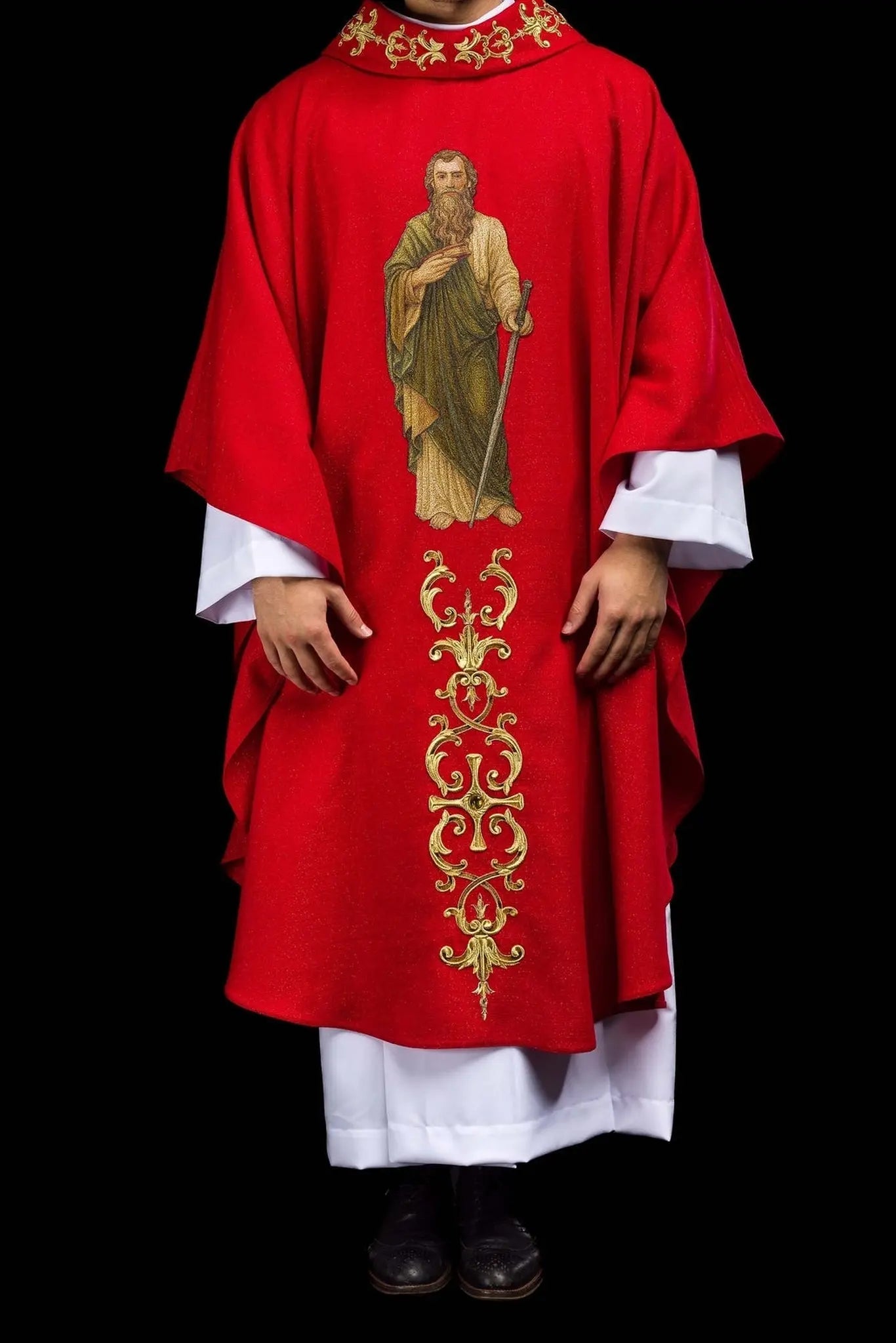 Richly embroidered chasuble with the image of Saint Paul red