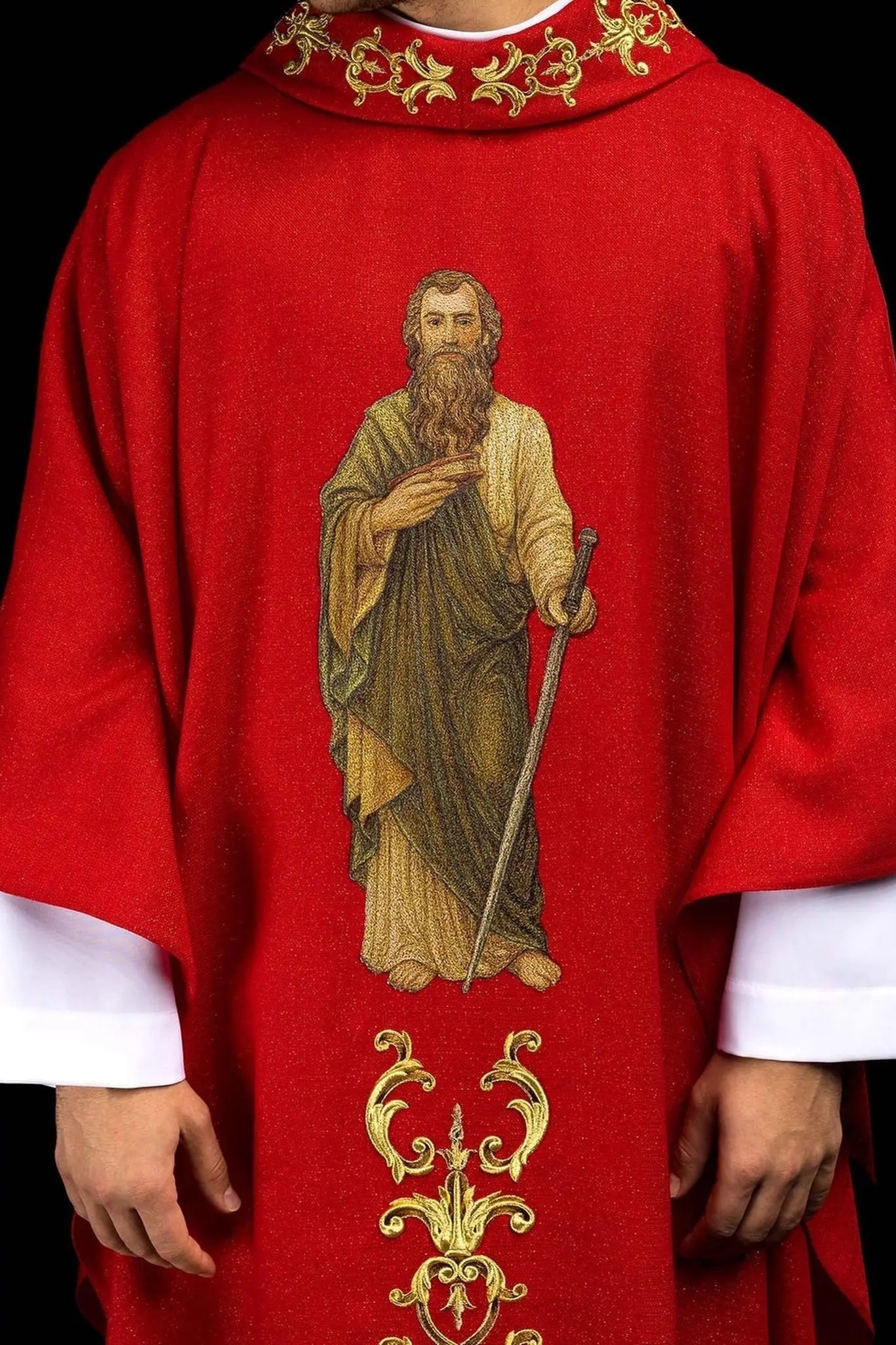 Richly embroidered chasuble with the image of Saint Paul red