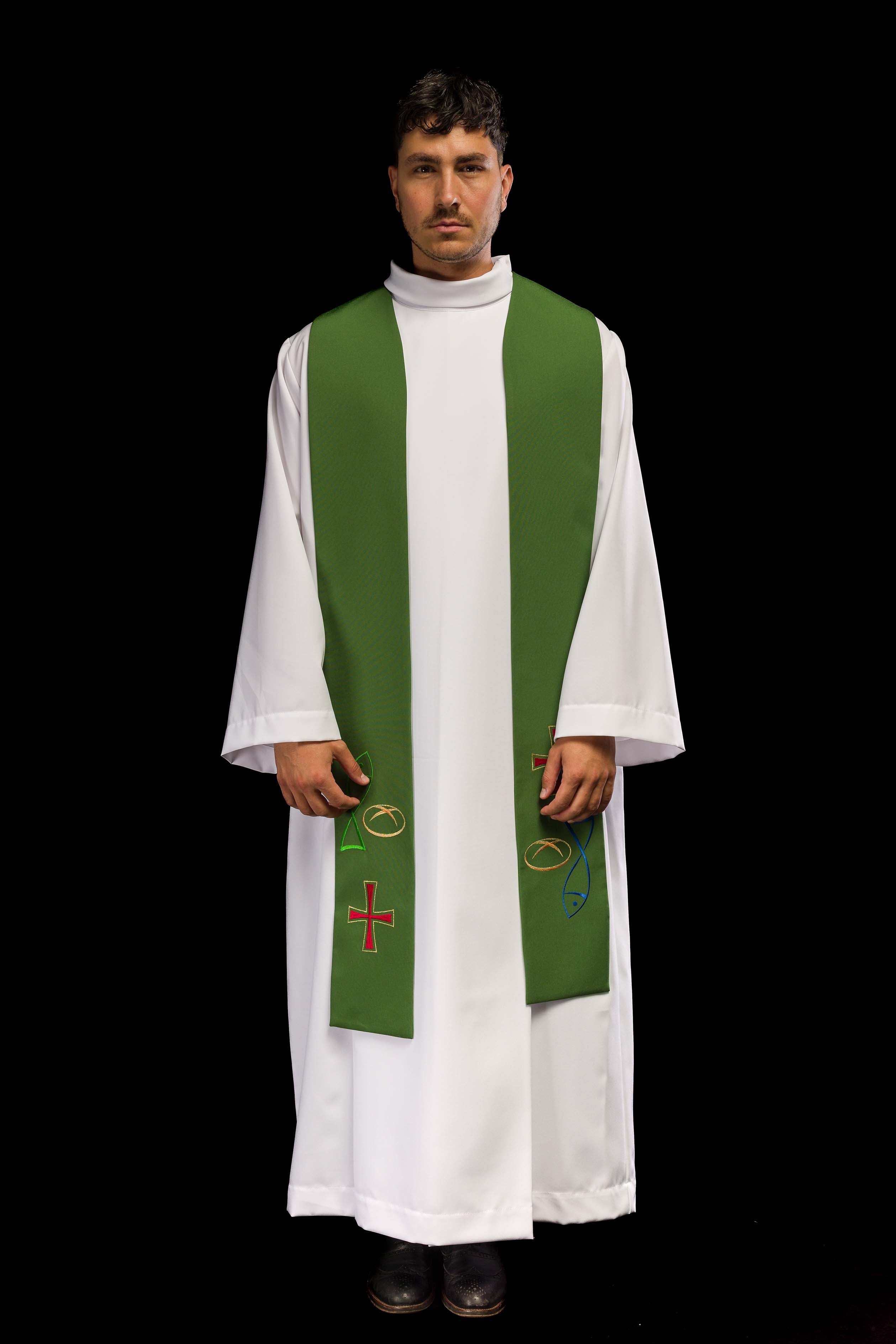 Green embroidered priest's stole with motif Fish Bread Cross