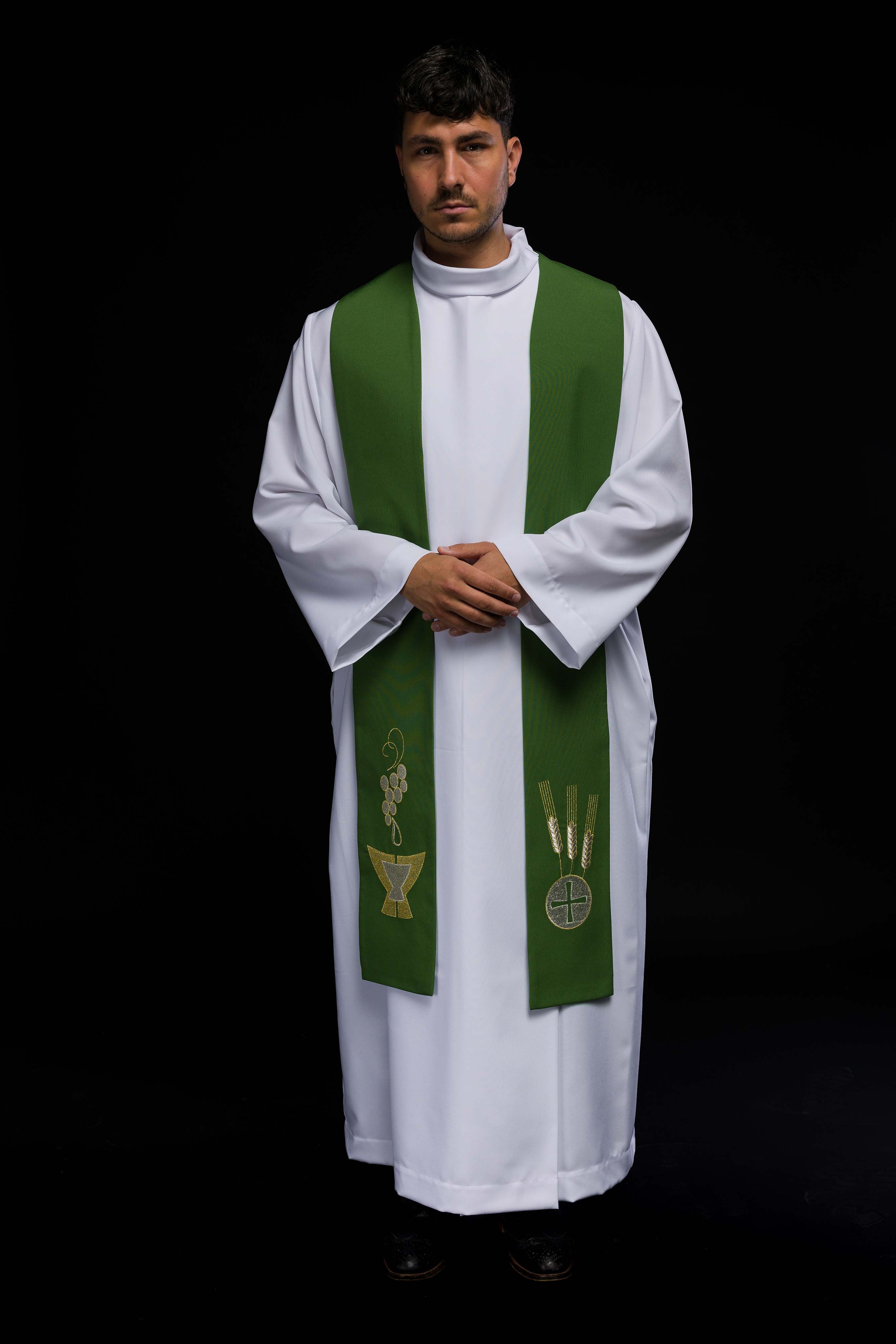 Green priest's stole embroidered Chalice, Ears and Grapes